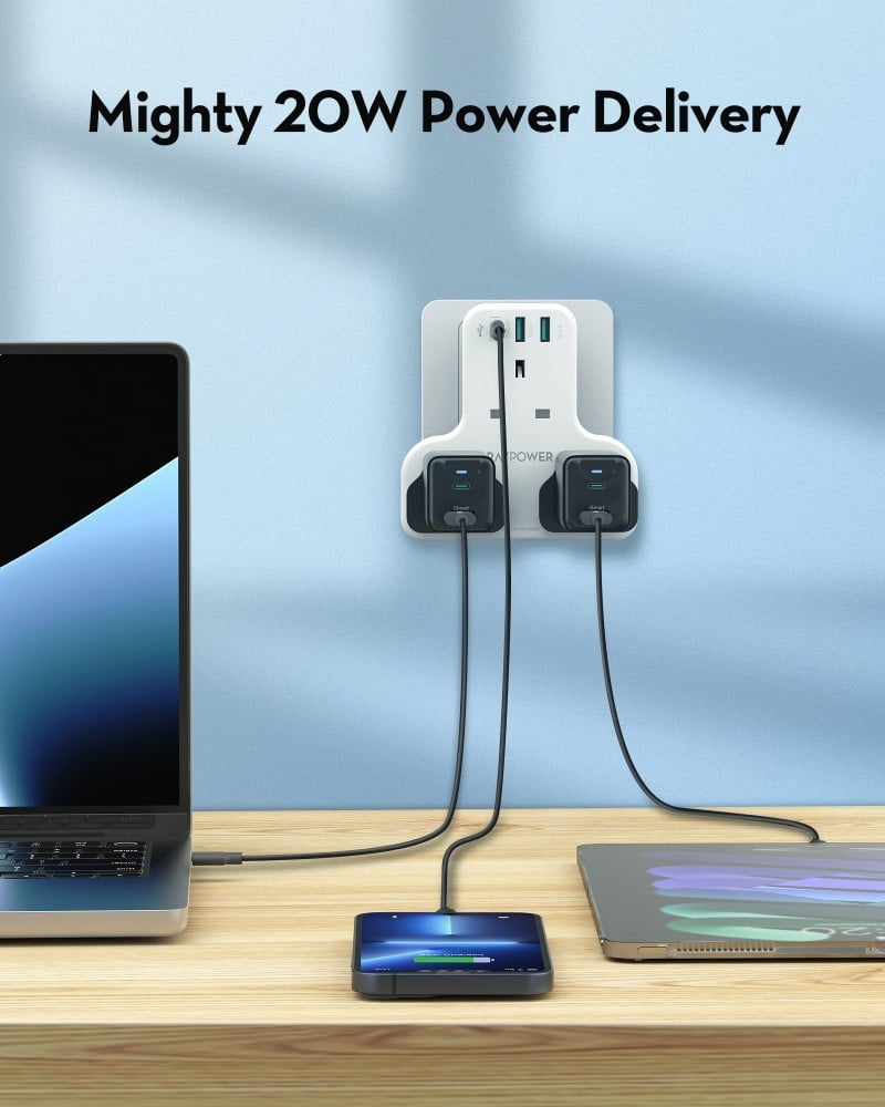 شاحن جداري راف باور RP-PC1036 بايونير 3 مداخل طاقه ثلاثيه مع منفذين USB ومنفذ تايب سي بتقنية PD بقوة 20 واط | شواحن