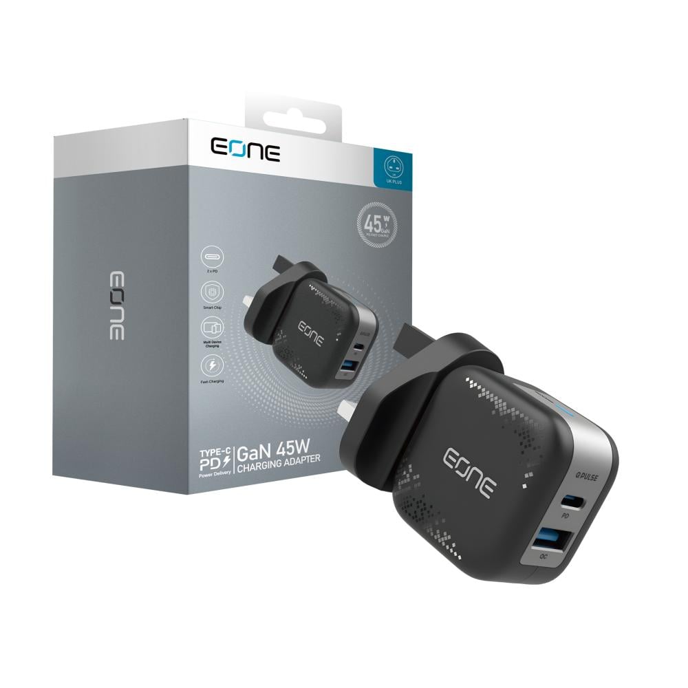 Eone شاحن جداري بمنفذين بقوة إجمالي 48W يدعم تقنية الشحن سريع PD - أسود 