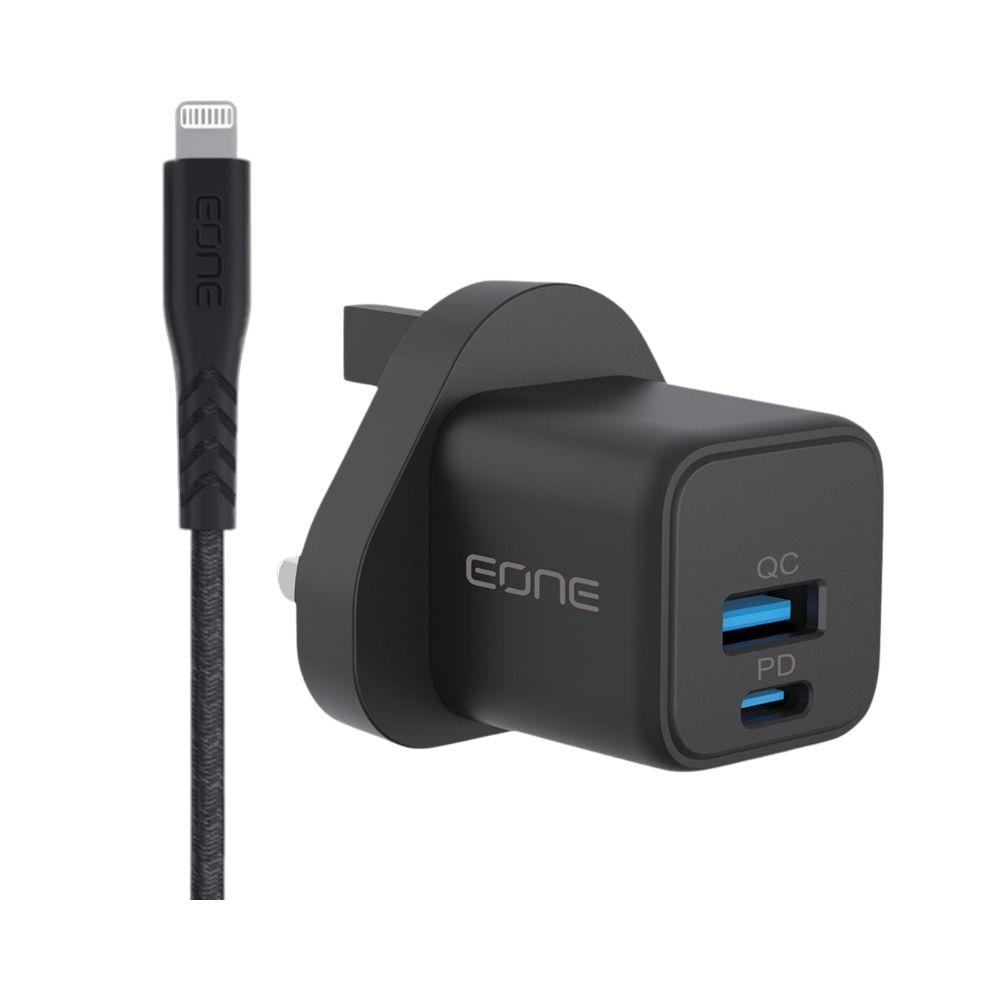 فيش جداري 20 واط منفذين USB+PD مع كابل تايب سي لايتنينج من EONE - أسود