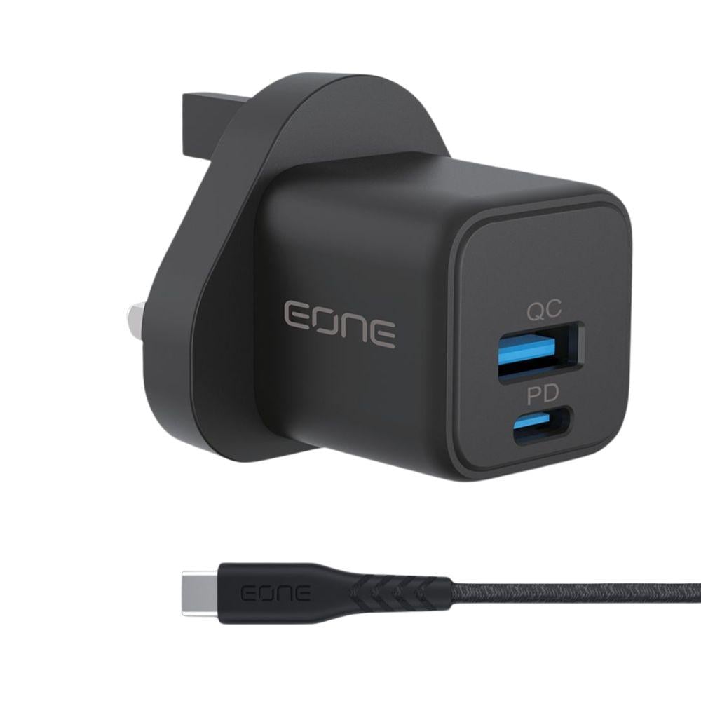 فيش جداري 20 واط منفذين USB+PD مع كابل تايب سي C من EONE - أسود