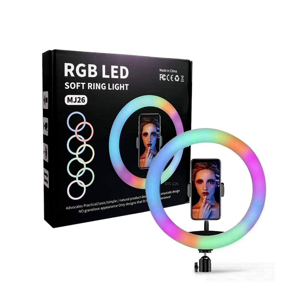 MJ27  بوصة RGB دائرة التصوير الفوتوغرافي الإضاءة LED RGB حلقة ضوء مع حامل ثلاثي للهاتف لحمل الصور الشخصية الحية