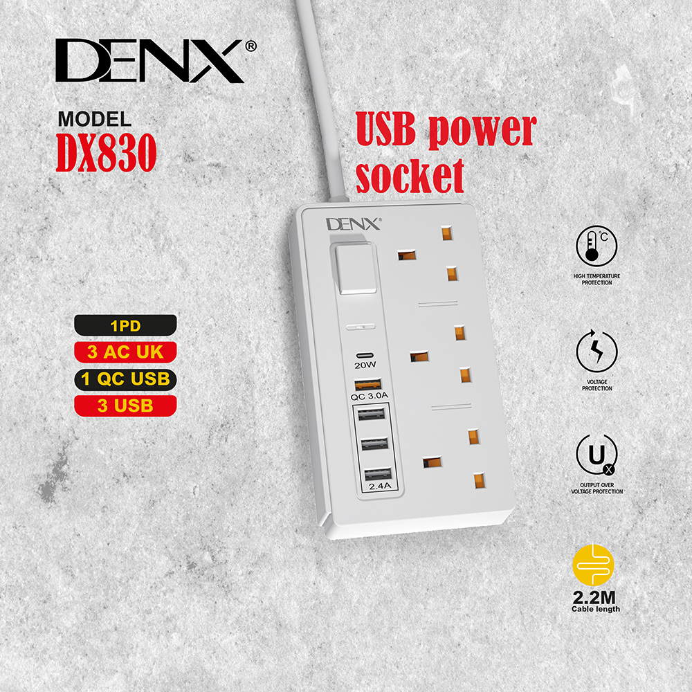 مقبس طاقة  (3 منافذ  + 3 منافذ USB-A + PD + QC) رقم المديل  DX830 -