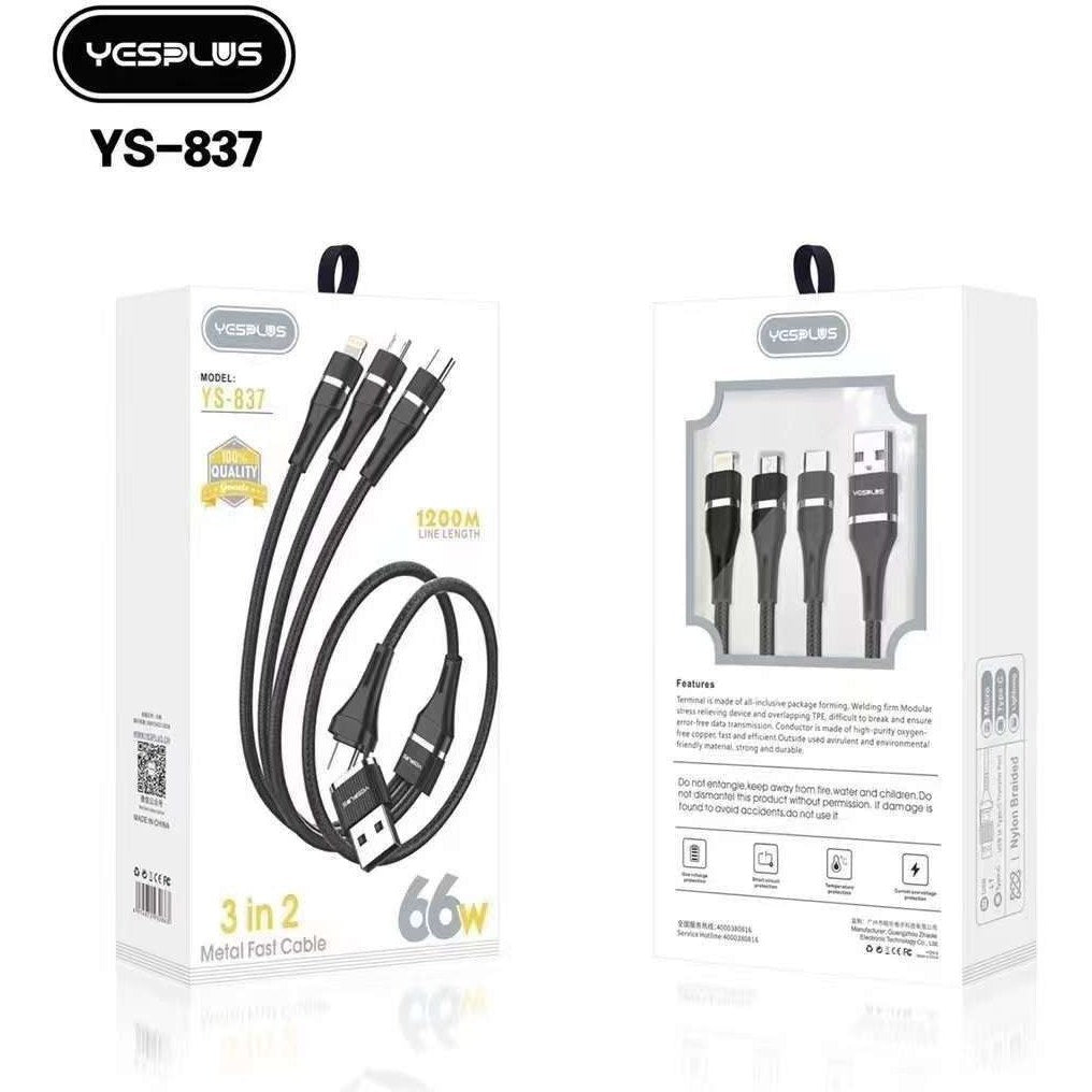 YESPLUS كيبل 3 في 2 معدني سريع 66 وات 1.2 متر (YS-837) - أسود 