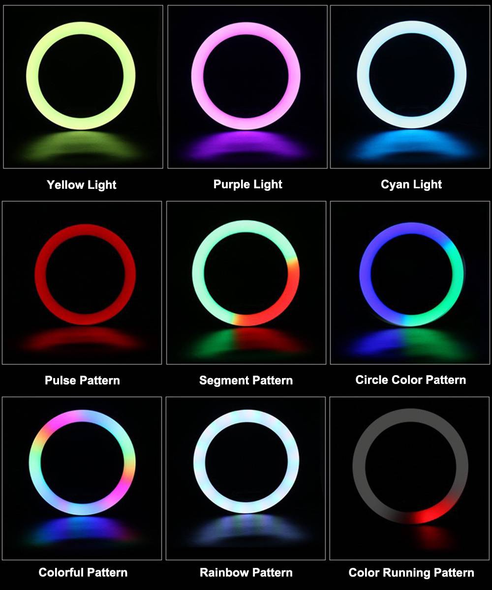 MJ27  بوصة RGB دائرة التصوير الفوتوغرافي الإضاءة LED RGB حلقة ضوء مع حامل ثلاثي للهاتف لحمل الصور الشخصية الحية