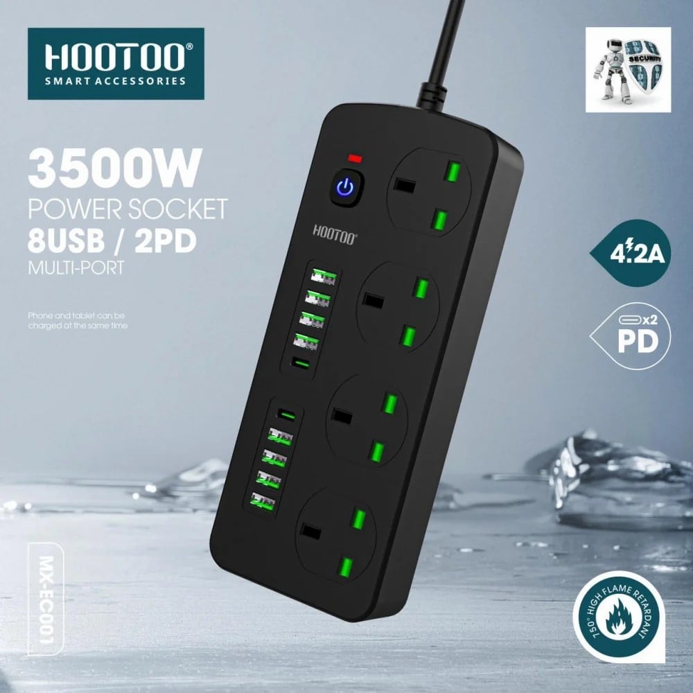 توصيلة كهرباء هوتو 4 افياش و 8منافذ usb ومنفذين PD شحن سريع بطول 3 متر HooToo اسود