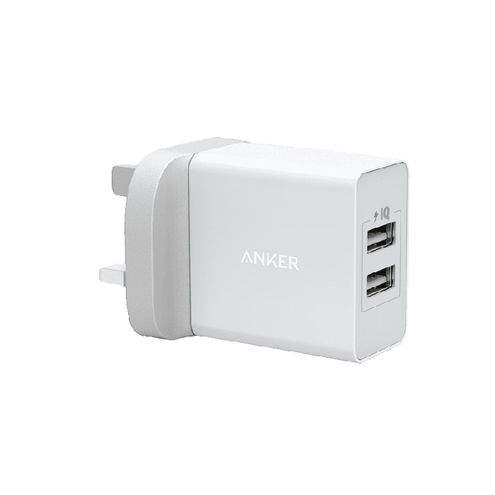 شاحن جداري انكر 24 واط بمنفذين USB للشحن - ابيض