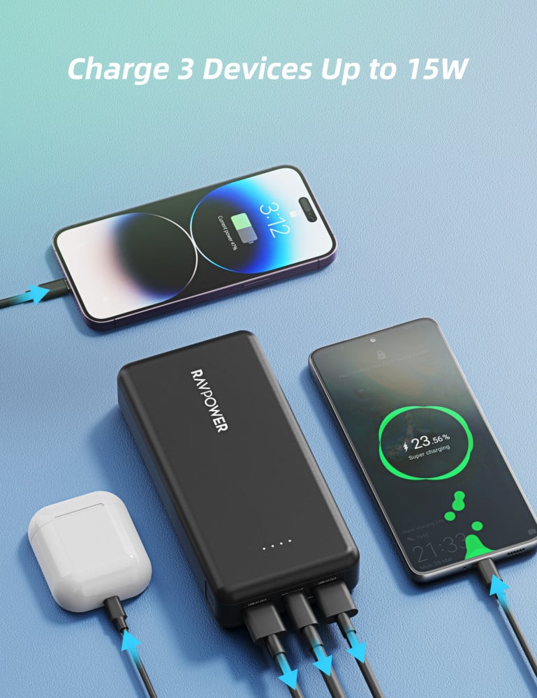 بطارية راف باور بايونير 20000 ملي امبير بقوة 15 واط بمنفذين USB ومنفذ تايب سي ومنفذ مايكرو
