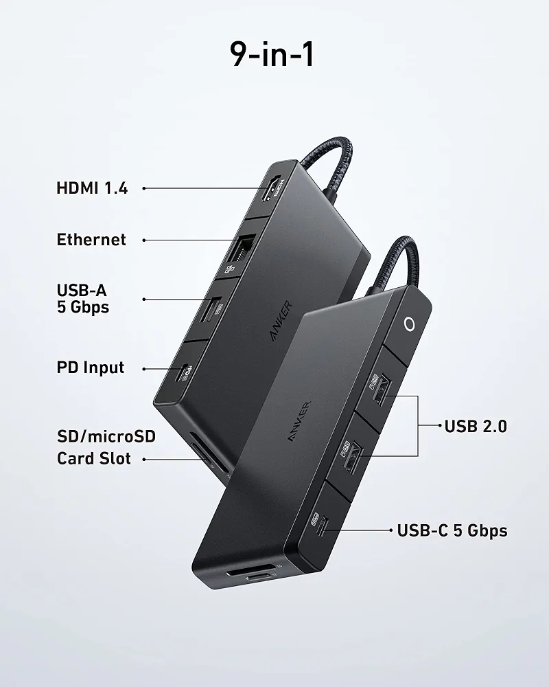 انكر موزع 522 USB-C A8373H11 فتحة بطاقة مايكرو SD بقوة 100 واط 9 في 1 - اسود