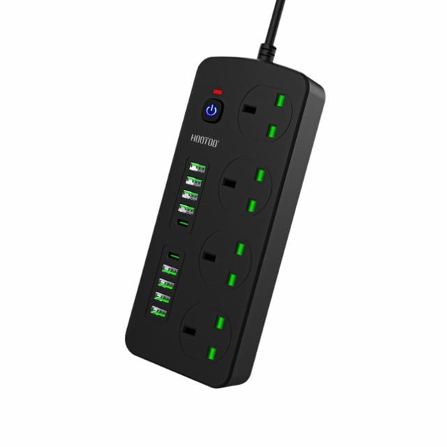 توصيلة كهرباء هوتو 4 افياش و 8منافذ usb ومنفذين PD شحن سريع بطول 3 متر HooToo اسود