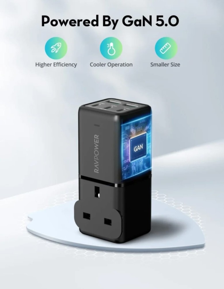 راف باور قاعدة شحن 3 منافذ Type-C ومنفذين USB ومنفذ طاقة بقوة 75 وات مع قابس سفر - أسود