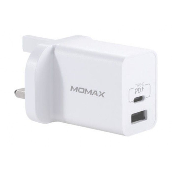 شاحن جداري موماكس بتقنة الشحن السريع بمنفذ USB و PD - ابيض