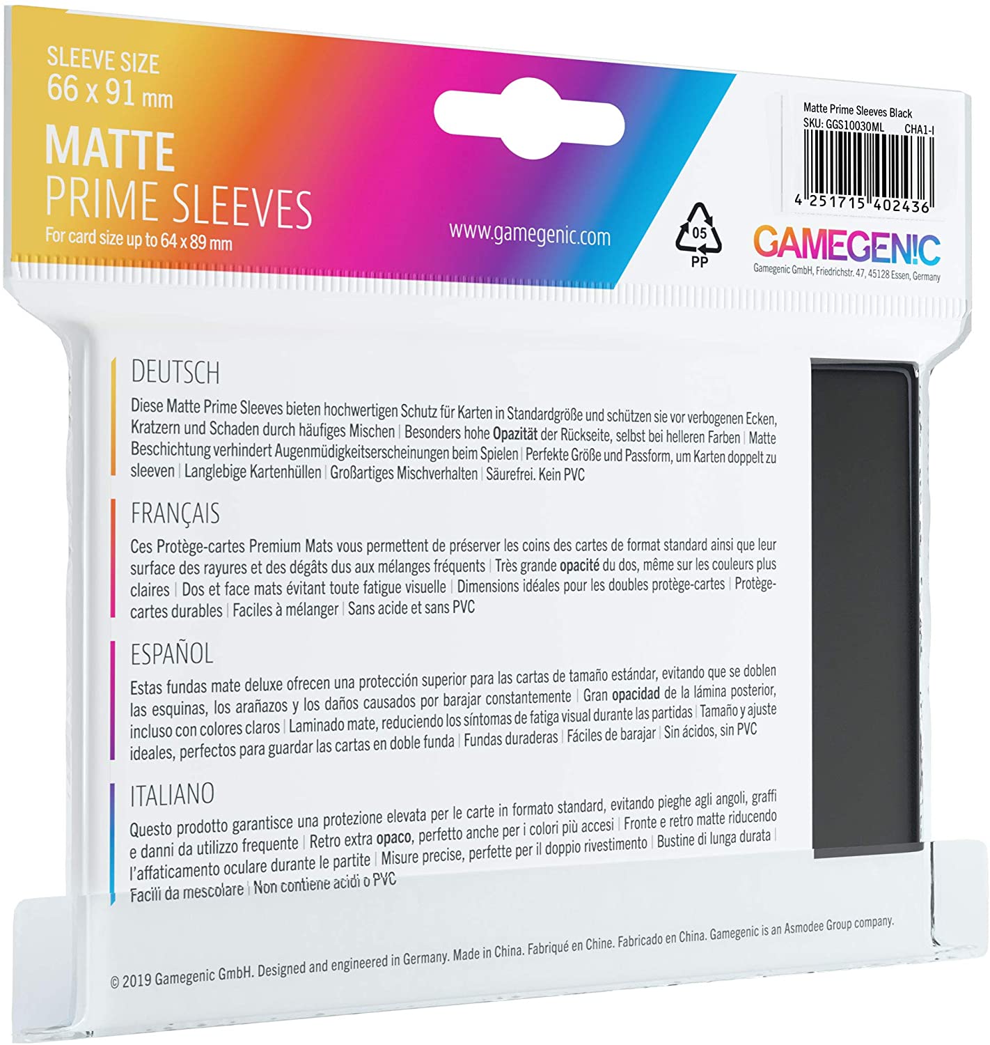 Gamegenic 100 Pack 66 x 91 mm Black Standard Size Matte Prime Sleeves