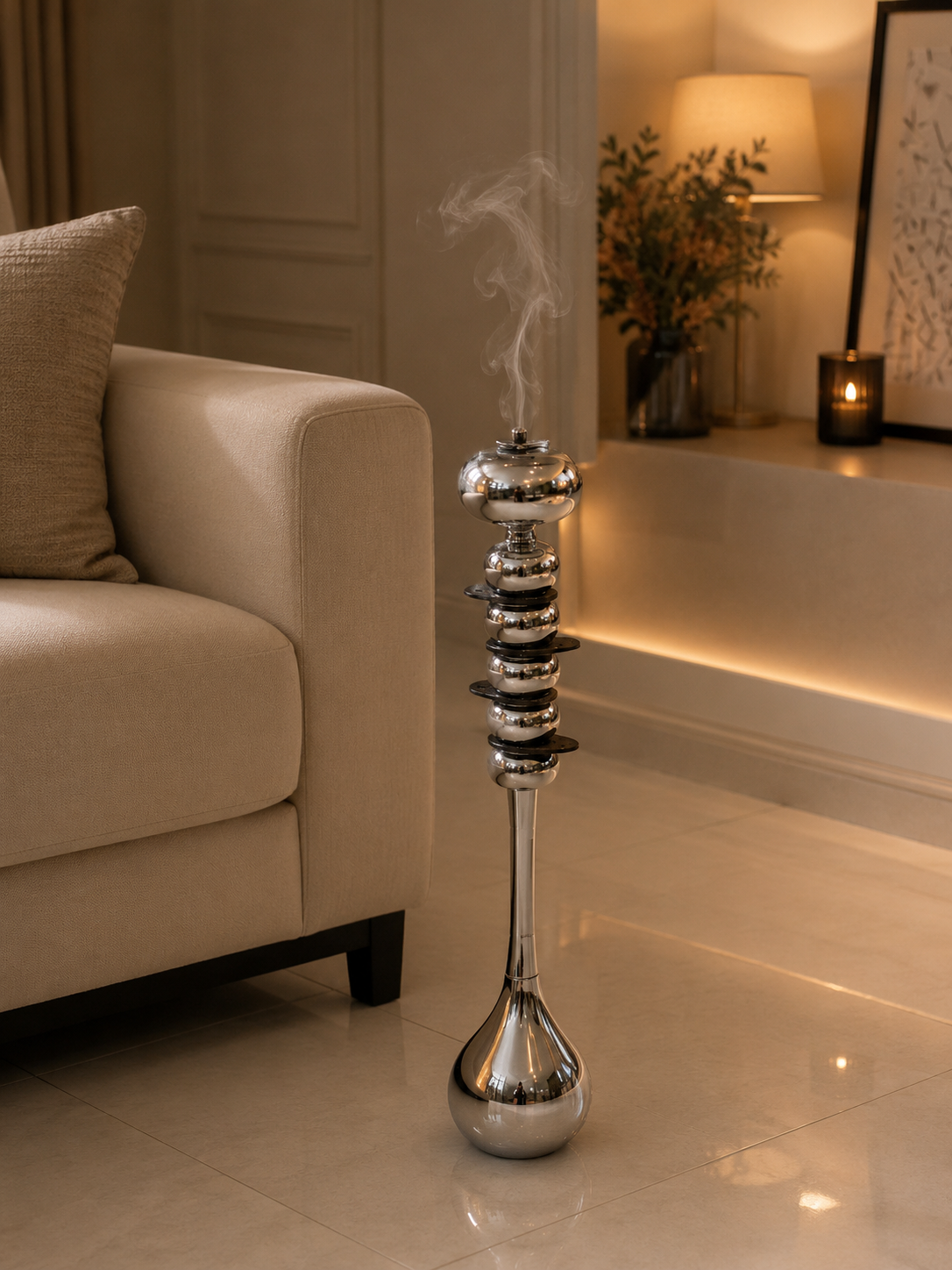  مبخرة أرضية فضية لامعة بقاعدة ماربل أسود – ارتفاع 95 سم 
