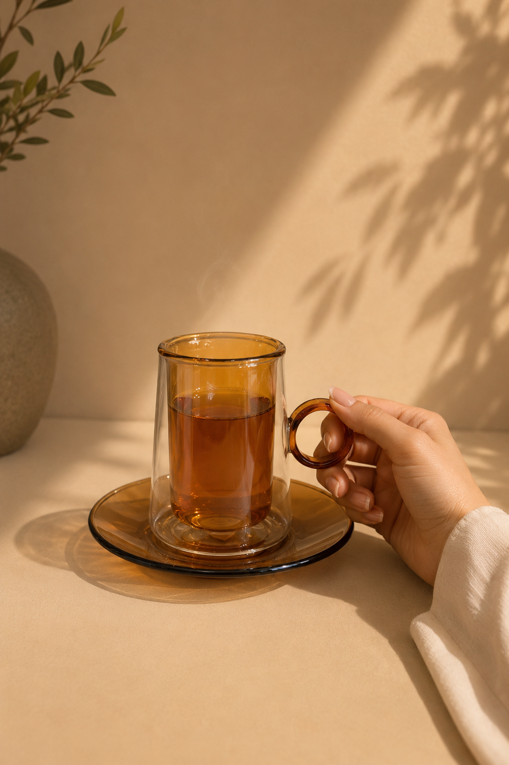  طقم مجات شاي زجاج دبل قلاس باللون العسلي – 6 أكواب مع صحون 