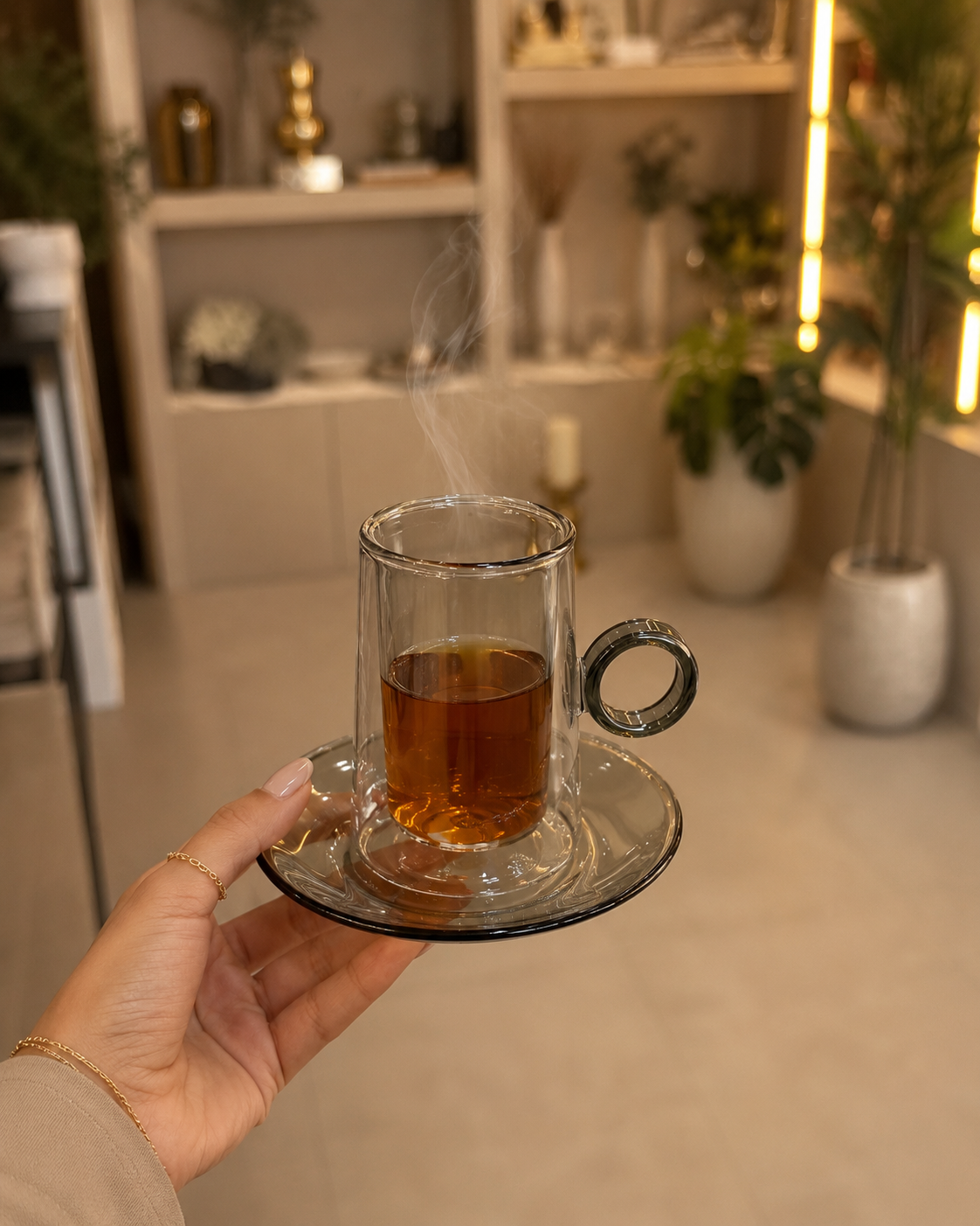  طقم مجات شاي زجاج دبل قلاس رمادي – 6 أكواب مع صحون 