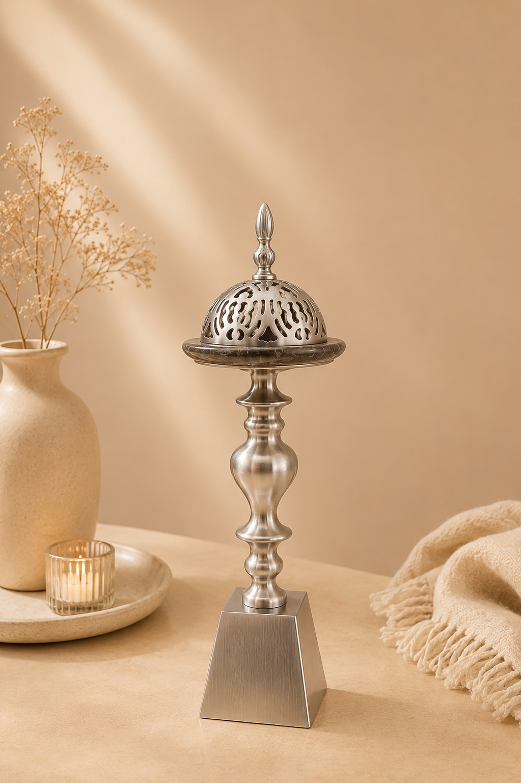  مبخرة الضيافه الملكيه الفاخره فضى مع ماربل بني مقاس 33*15 سم 