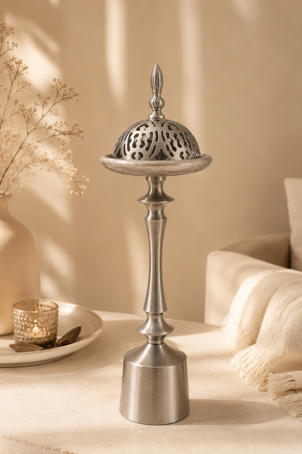  مبخرة الضيافه الملكيه الفاخره فضى مع ماربل بيج مقاس 36*15 سم 
