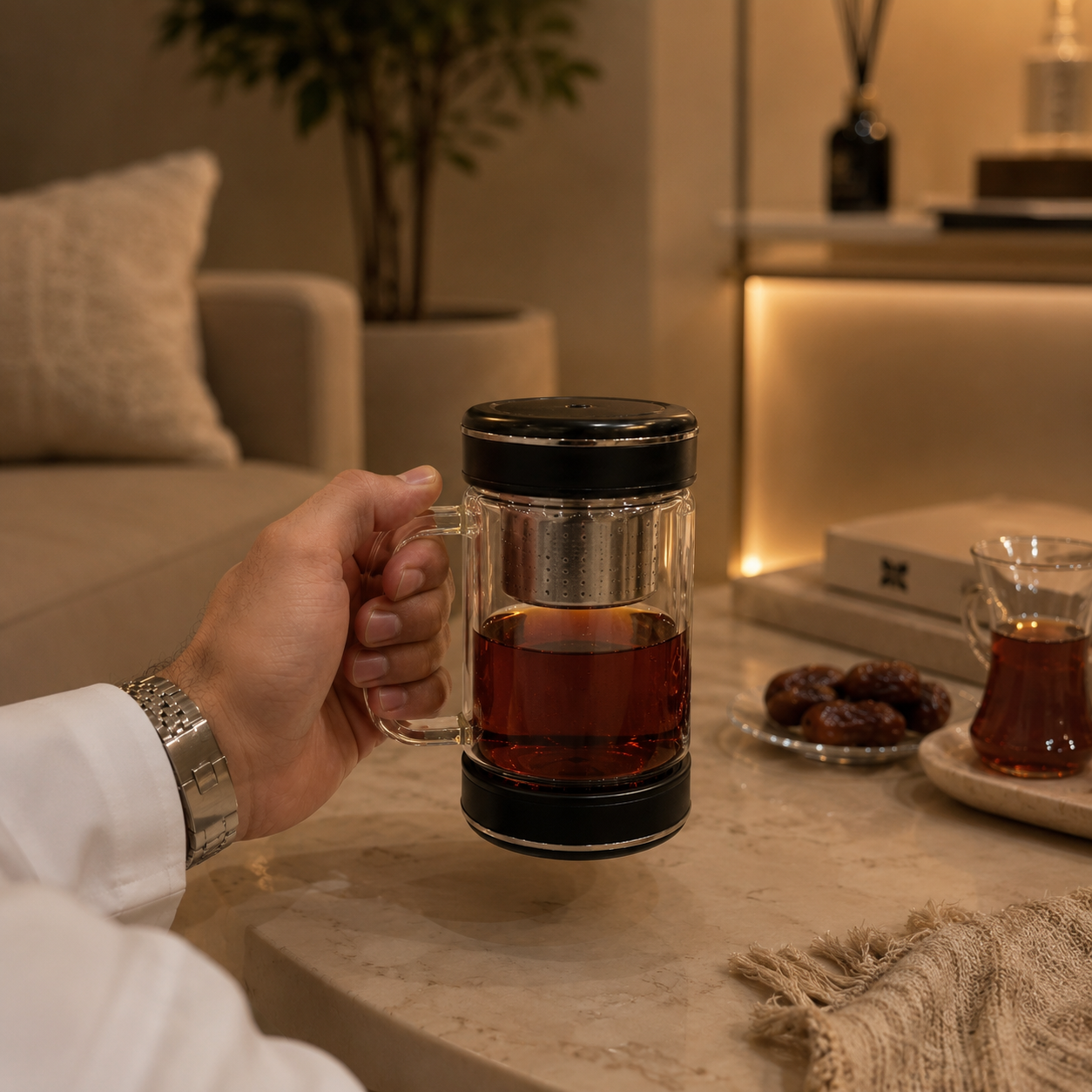  كوب شاي زجاجي بمصفاة ستانلس ستيل مع غطاء – أسود 