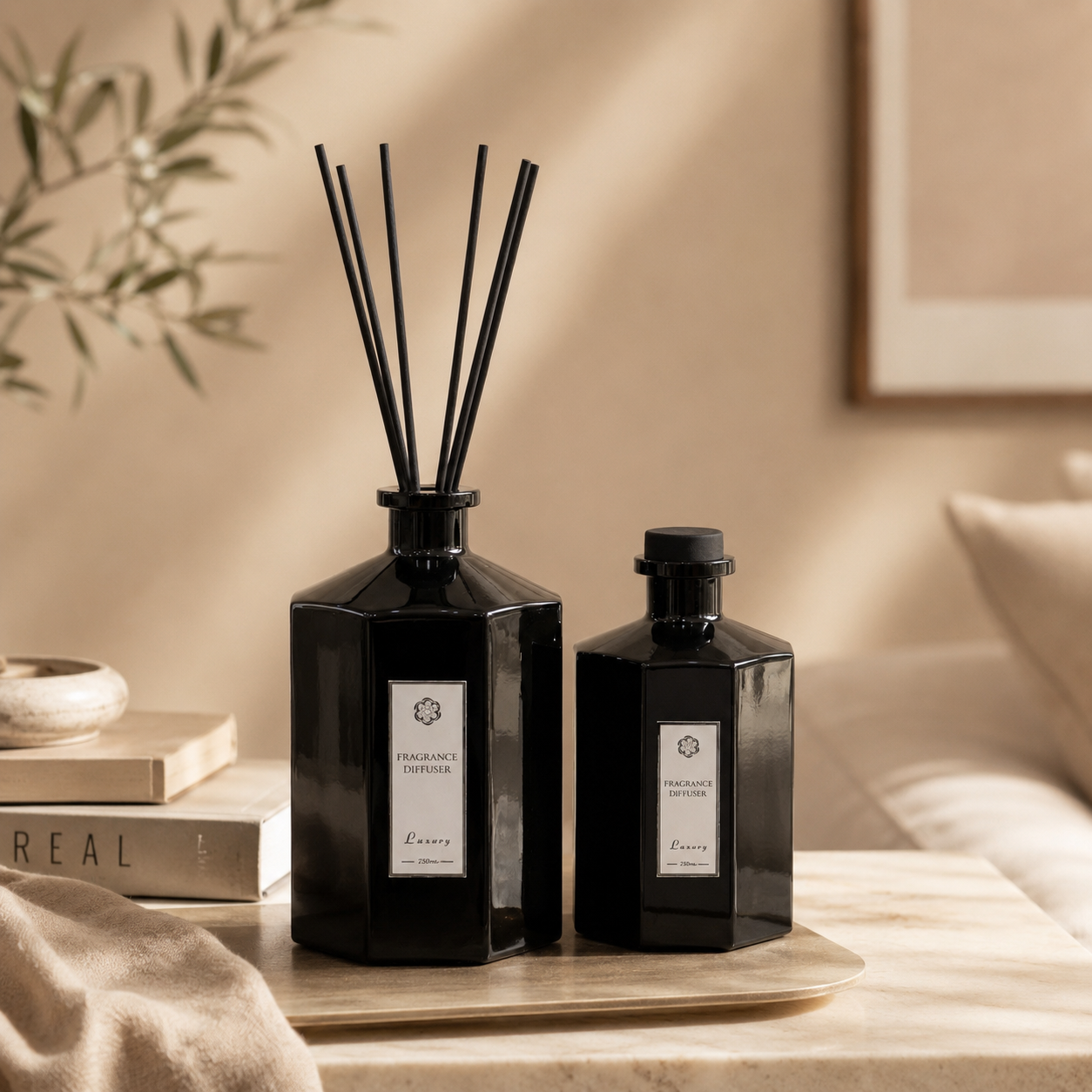  دفيوزر معطر أعواد فاخر بزجاج أسود – مقاسين 