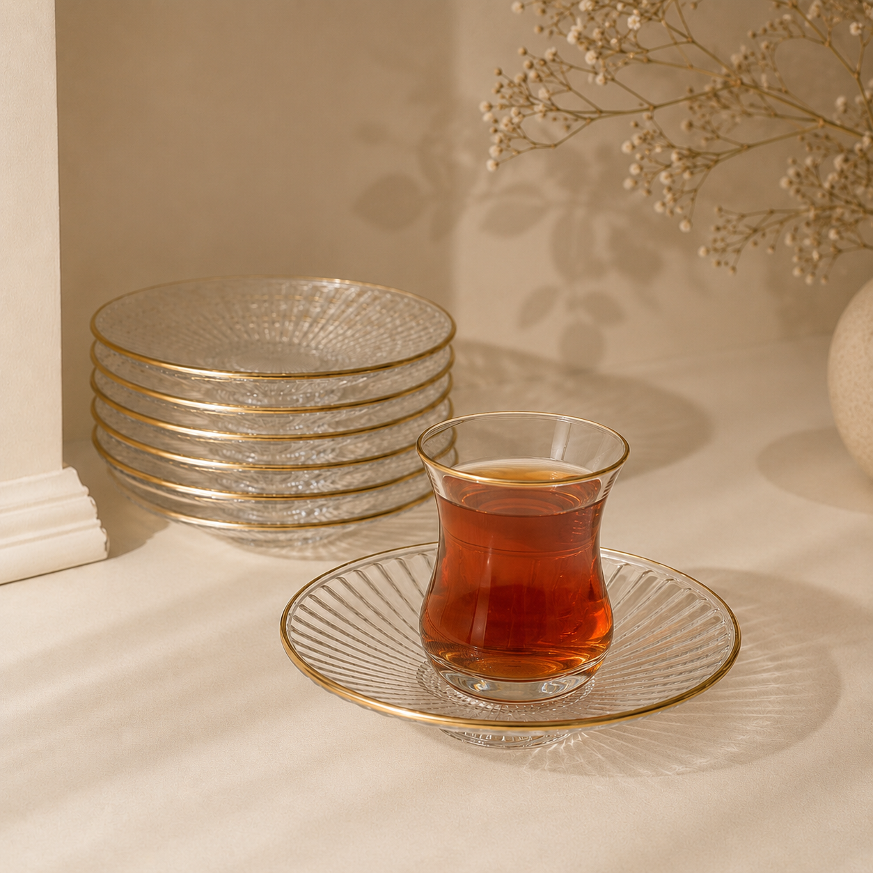  طقم صحون زجاج فاخر بحواف ذهبية – 6 قطع – قطر 10.5 سم 