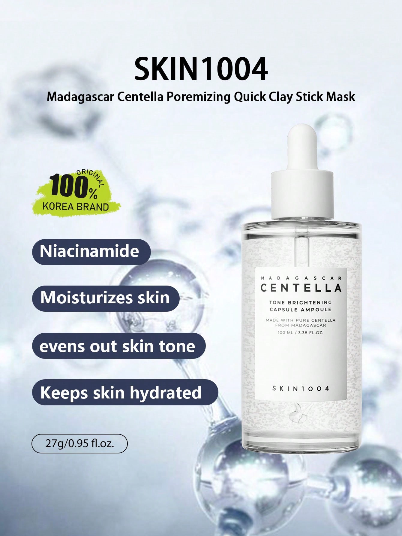 SKIN1004 كبسولة أمبول مرطّب وممسك لبشرة تونس مع سنتيلا من مدغشقر 100مل، مرطّب مهدئ ومنضر، مناسب للبشرة الحساسة، تنظيف عميق دون جفاف، تطبيق محمول، خالي من المتبقيات، إعداد مسبق للمكياج، ملائم للبشرة المُعرّضة للبثور، جمال كوري، مكياج كوري، 100مل/3.38 أونصة سائلة