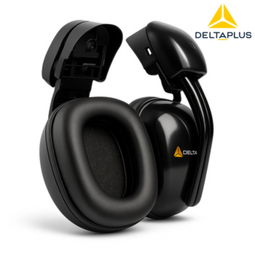 سماعات حماية سمع Delta Plus Magny Helmet 2 سوداء عرض أمامي يوضح الأكواب والأذرع المعدنية