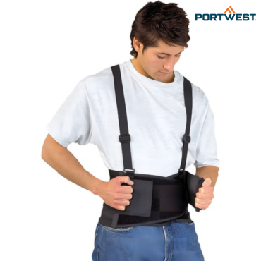 حزام دعم الظهر Portwest PW80 أسود عرض أمامي يوضح شرائط التثبيت الأربع