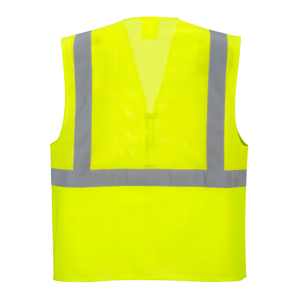 Portwest Madrid hi-vis vest rear view showing reflective strips and upper mesh section