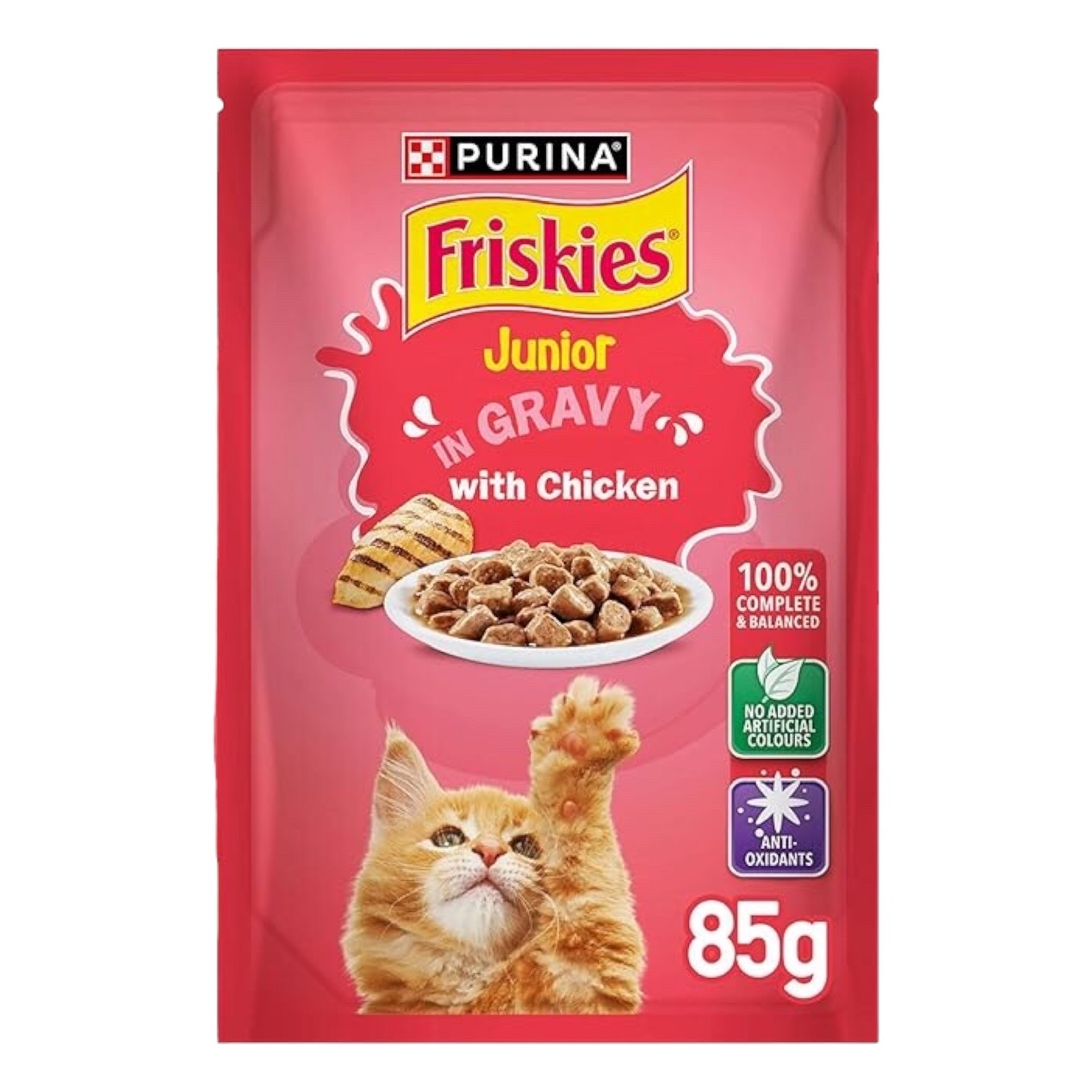 بيورينا فريسكيس اظرف قطع الدجاج في المرق طعام رطب للقطط الصغيرة 85g