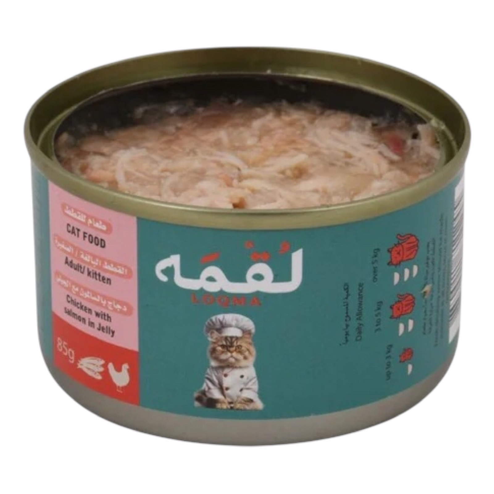 لقمة معلبات بالدجاج والسالمون في الجيلي للقطط البالغة والصغيرة 85g