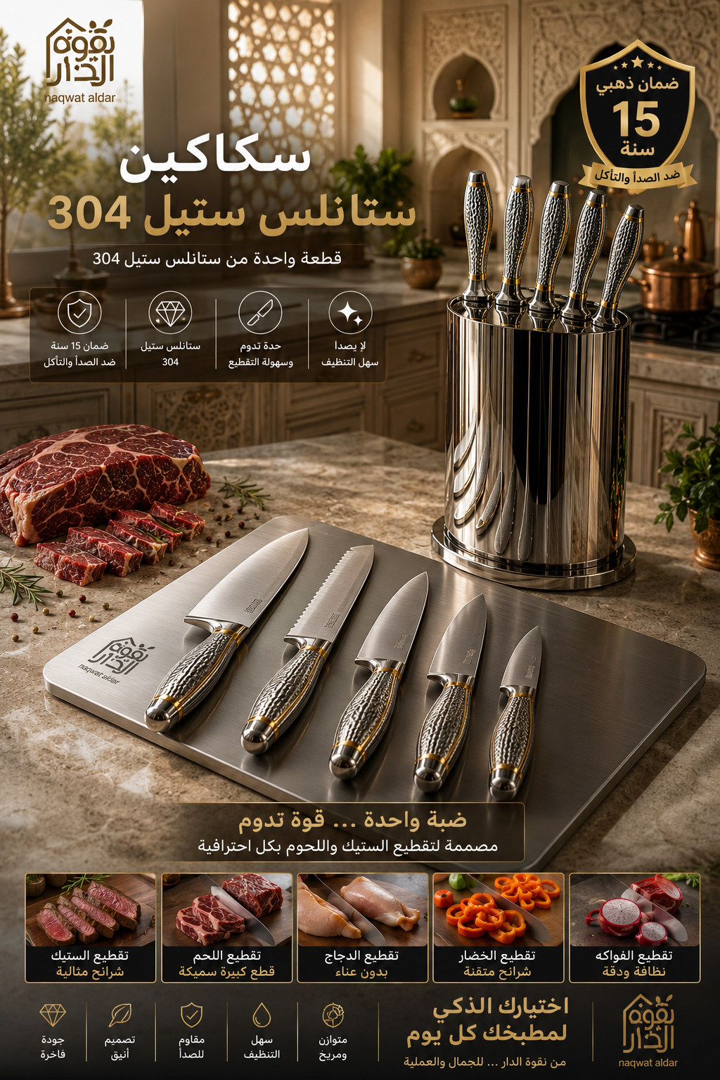     مجموعة سكاكين احترافية للمطبخ تشمل سكين شيف وسكين خبز وسكين فواكه وخضار وسكين لحوم ودجاج نقوة الدار