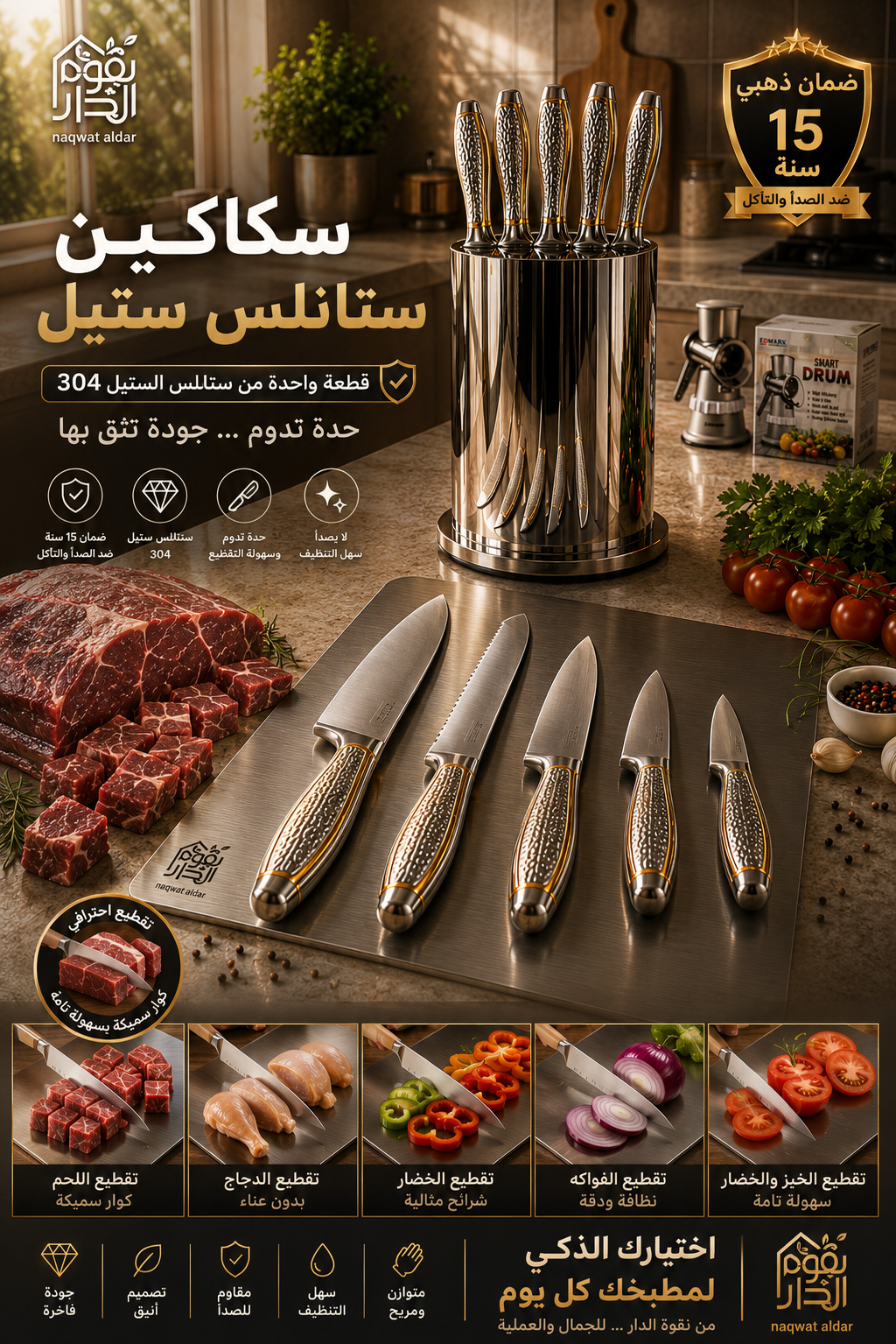     سكين مطبخ حاد لتقطيع اللحم والستيك والدجاج بدقة مع مجموعة سكاكين فاخرة للمطبخ العصري نقوة الدار