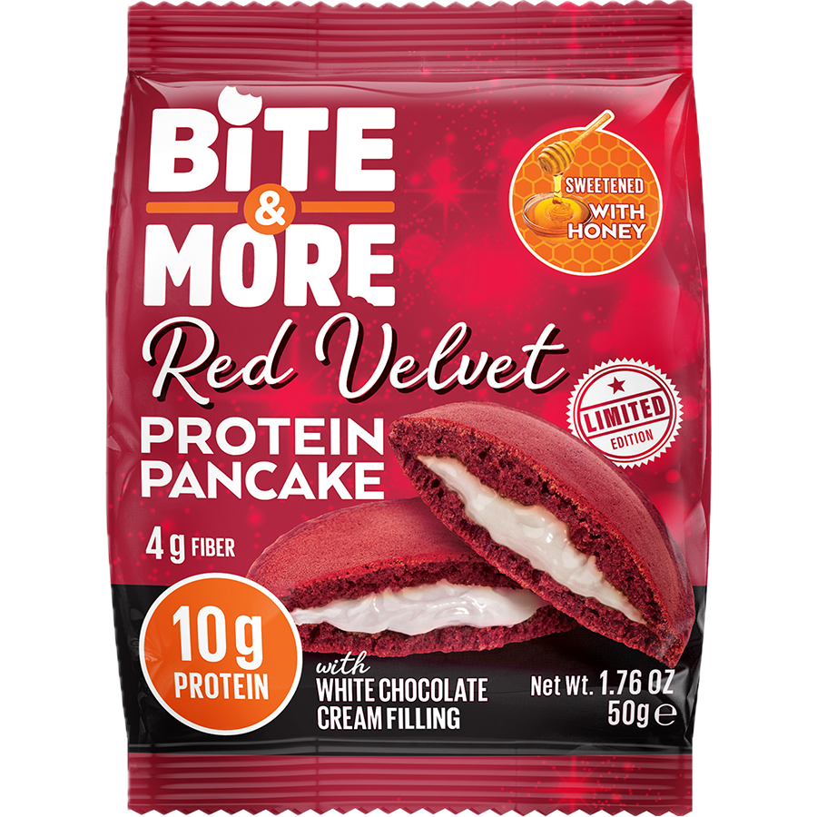  بايت اند مور بروتين بان كيك ريد فيلفيت 50 جم - BITE & MORE PROTEIN PANCAKE RED VELVET 50 GM	 