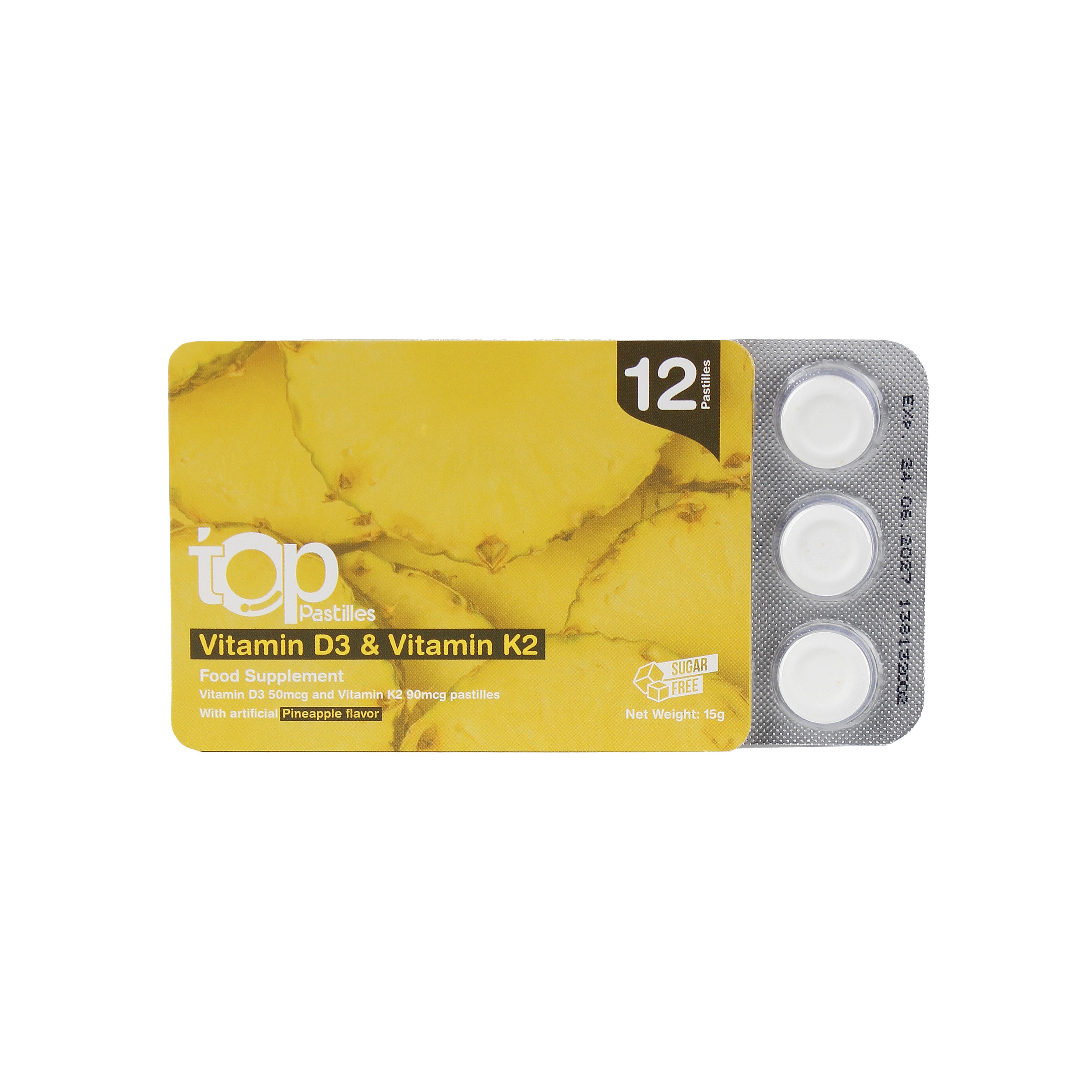  توب فيتامين د3 و ك2 فيتامين د3 (2000 وحدة دولية) وفيتامين ك2 بنكهة الأناناس  12 قطعة - Top Vitamin D3 and K2 Vitamin D3 (2000 IU) and Vitamin K2 Pineapple Flavor 12 Pastilles 