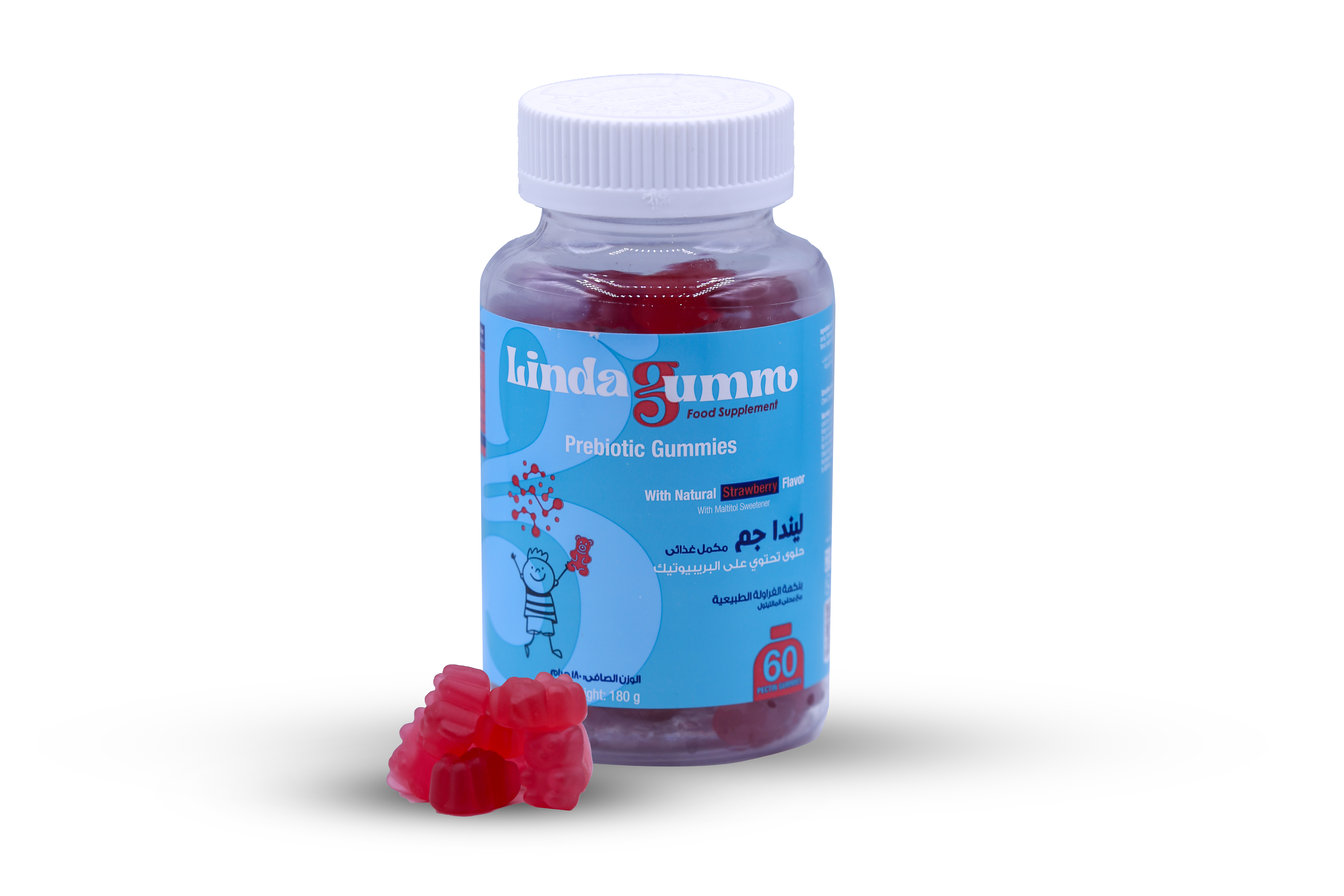  لينداجم بريبيوتيك ألياف إينولين 190 ملغ بنكهة الفراولة 60 قطعة  - Lindagum Prebiotic Inulin Fiber 190 mg Strawberry Flavor 60 Gummies 