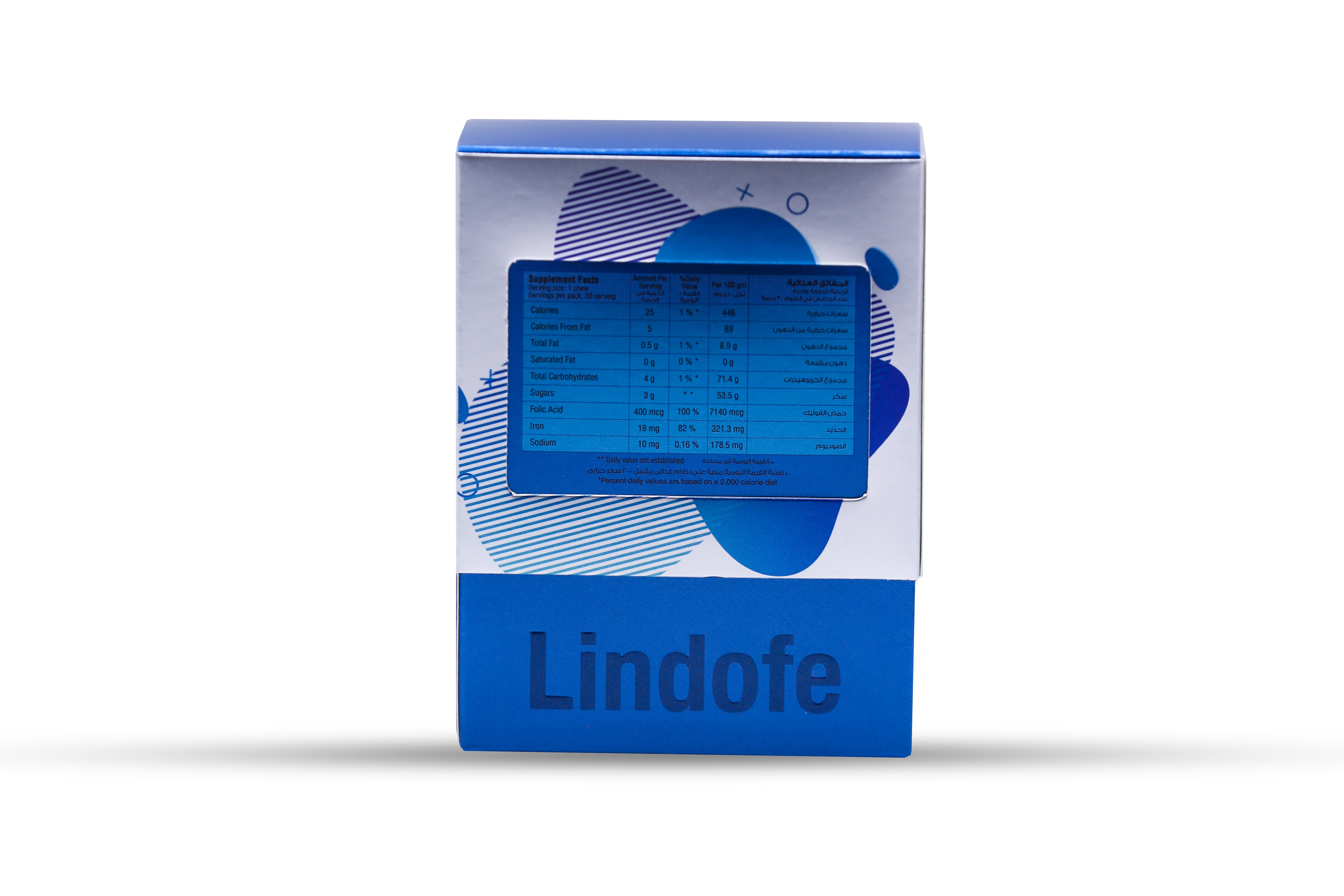  ليندوفي قطع شيكولاتة داكنة بالحديد 18 مغ والفوليك اسيد 400 ميكروغرام 30 قطعة - Lindofe Dark chocolate with Iron 18mg and Folic Acid 400 mcg 30 chews  