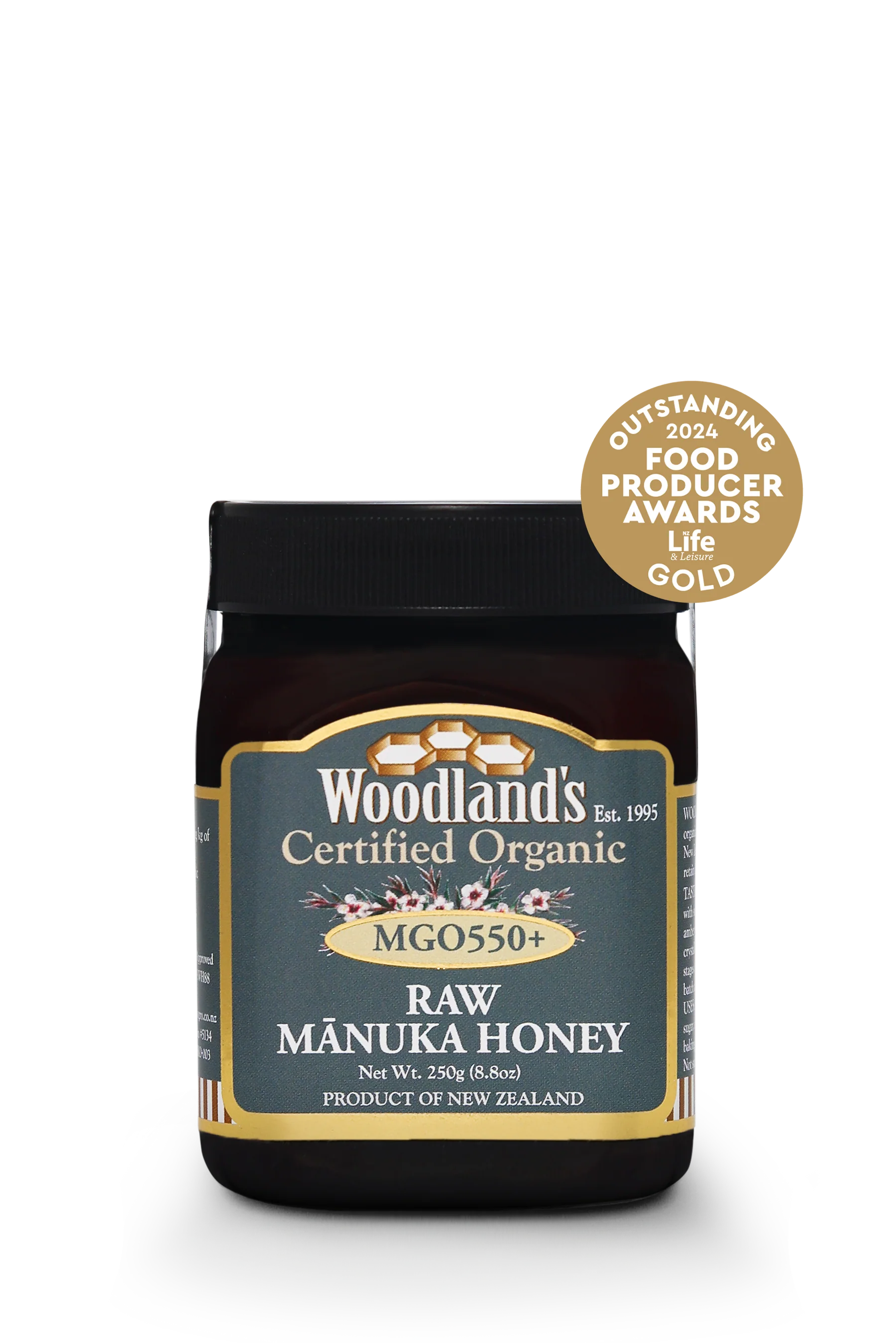  عسل مانوكا العضوي الخام من وودلاند، تركيز MGO 550+ 250 جم - Woodland's Mānuka Honey MGO500+ Organic Raw 250g 