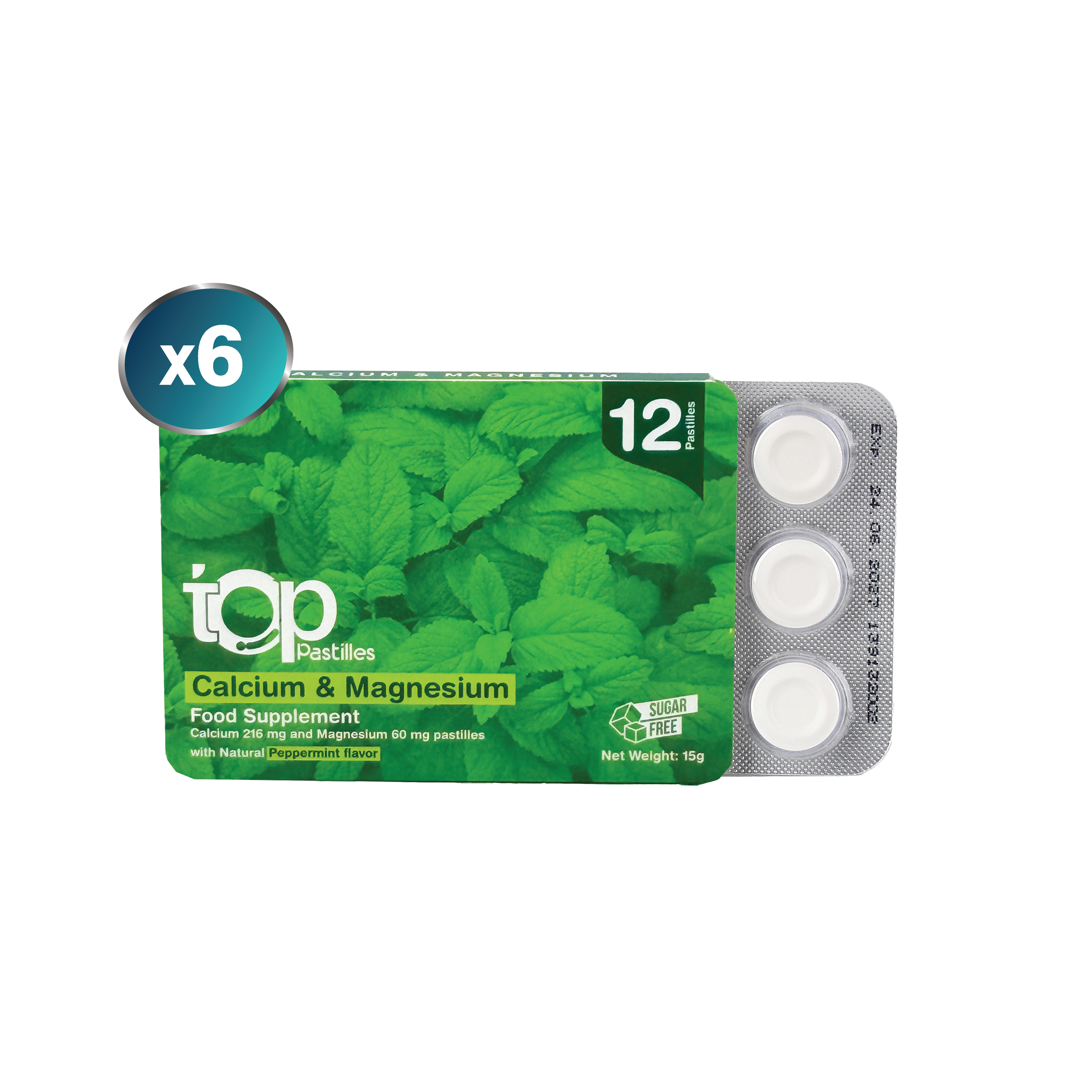   6 عبوات توب كالسيوم ومغنيسيوم 12 قطعة للمضغ نكهة النعناع - Pack of 6 Top Calcium & Magnesium 12 Chewable Tablets  Mint Flavor 