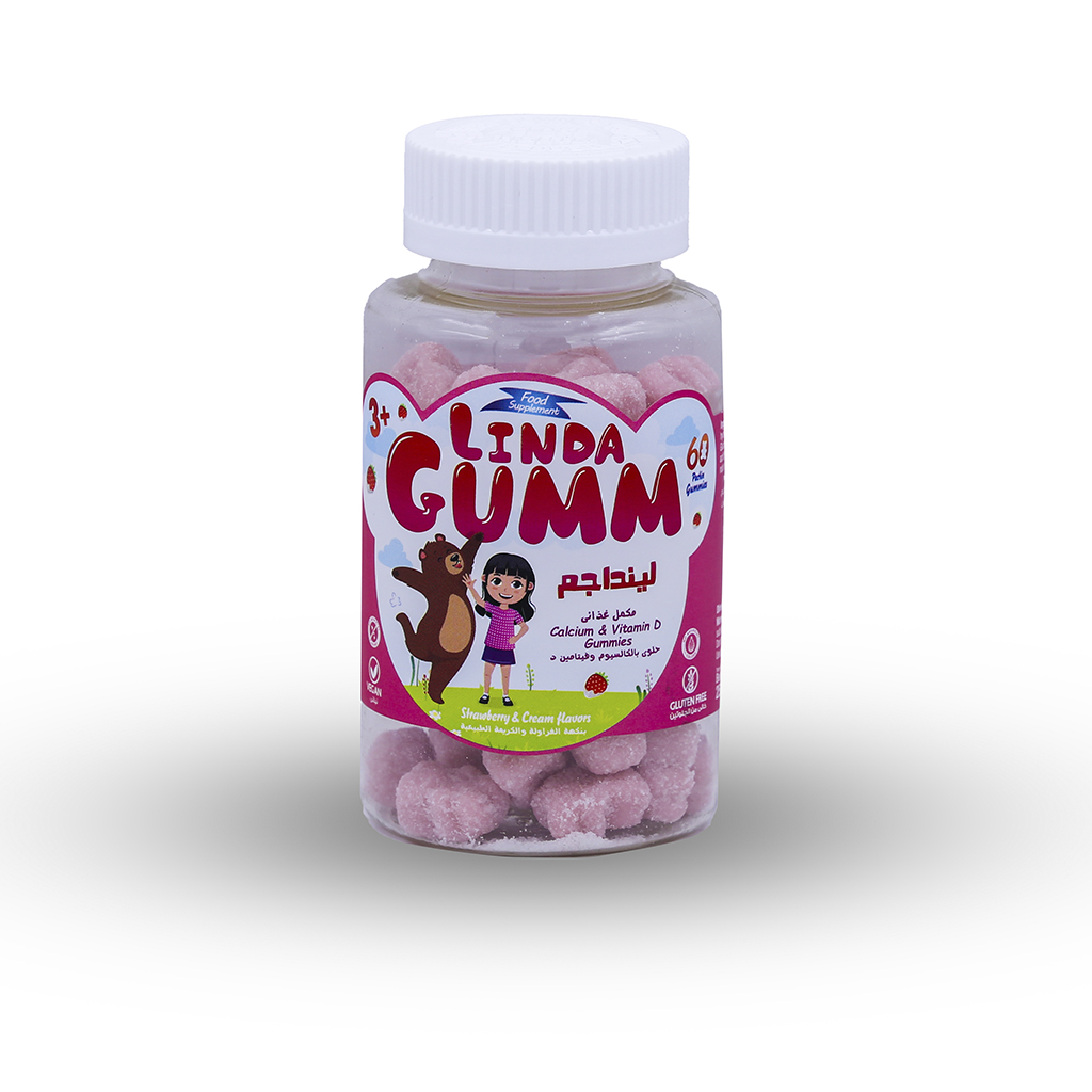  لينداجم كالسيوم 107 مجم فيتامين د3 نكهة الفراولة 60 قطعة - Lindagumm Calcuim 107 mg, Vitamin D3 IU Strawberry flavor 60 gummies 