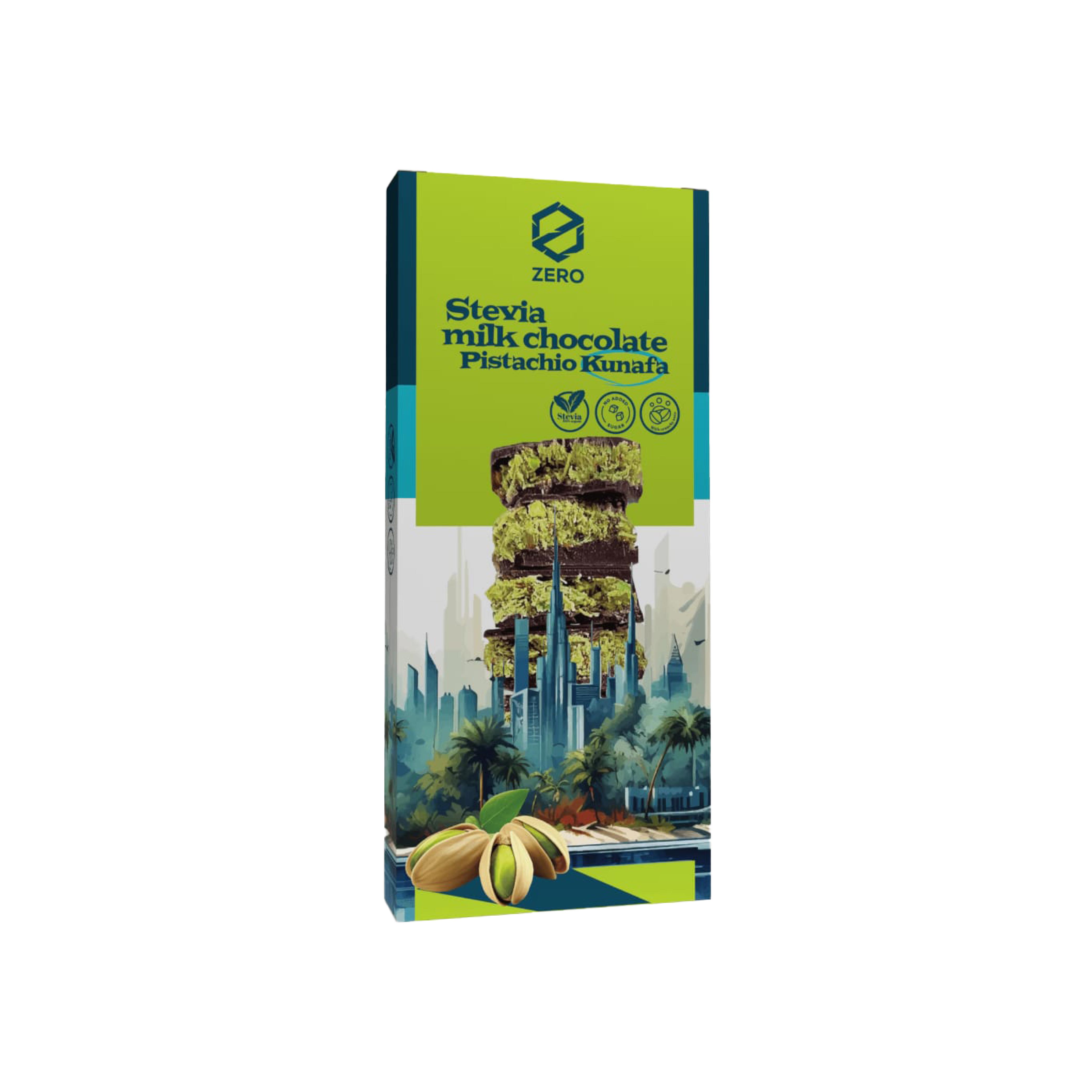  شيكولاتة دبي استيفيا بالحليب زيرو بالكنافة وكريمة الفستق – 100 جرام - Dubai Stevia Milk Chocolate Zero with Kunafa & Pistachio Cream – 100g 