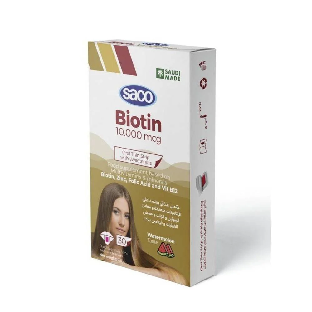  فيتامين بيوتين 10000 mcg ساكو على شكل شرائح مع نكهة البطيخ 30 شريحة-Saco Biotin 10000mcg 30 Strip Watermelon Taste 
