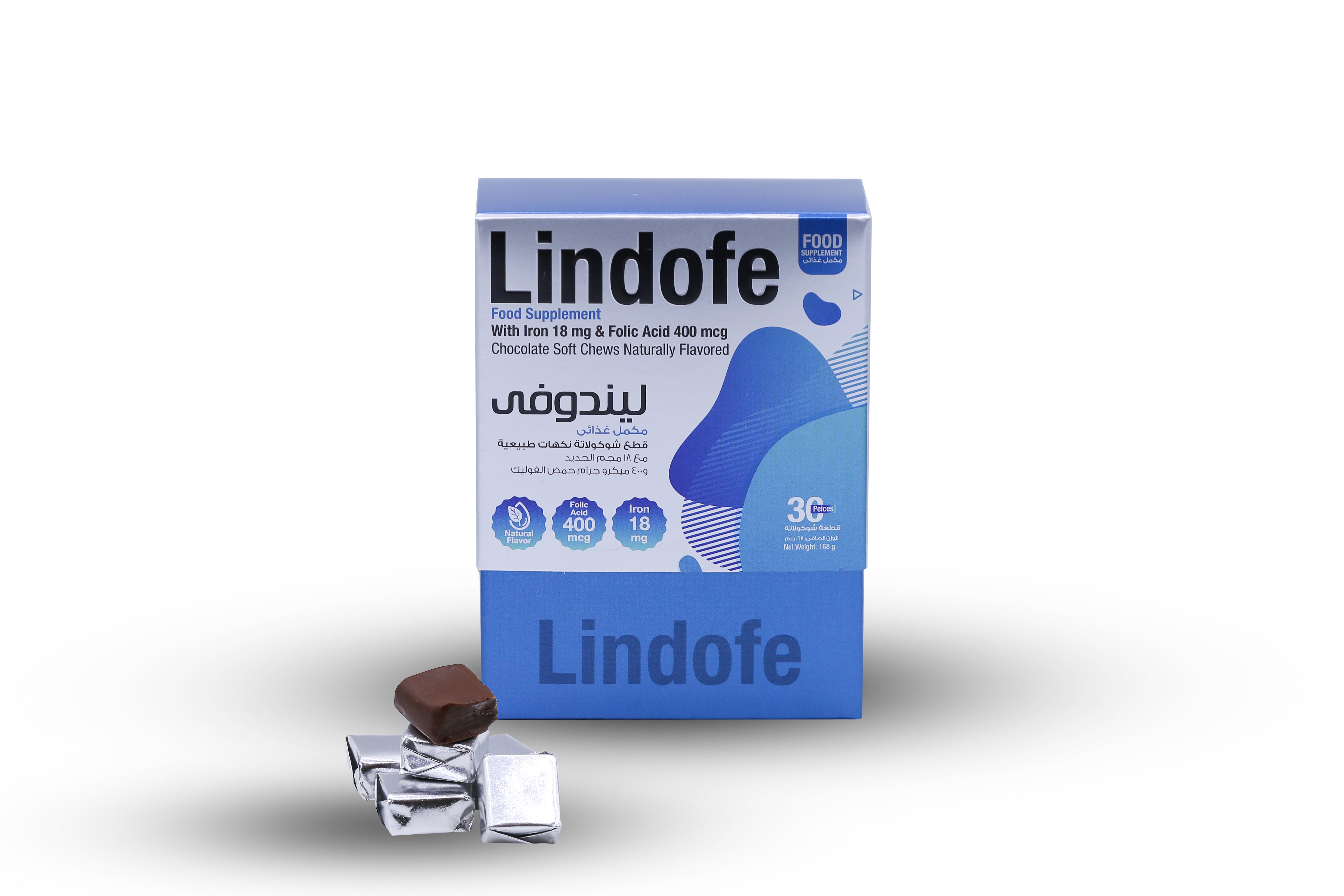 ليندوفي قطع شيكولاتة داكنة بالحديد 18 مغ والفوليك اسيد 400 ميكروغرام 30 قطعة - Lindofe Dark chocolate with Iron 18mg and Folic Acid 400 mcg 30 chews  
