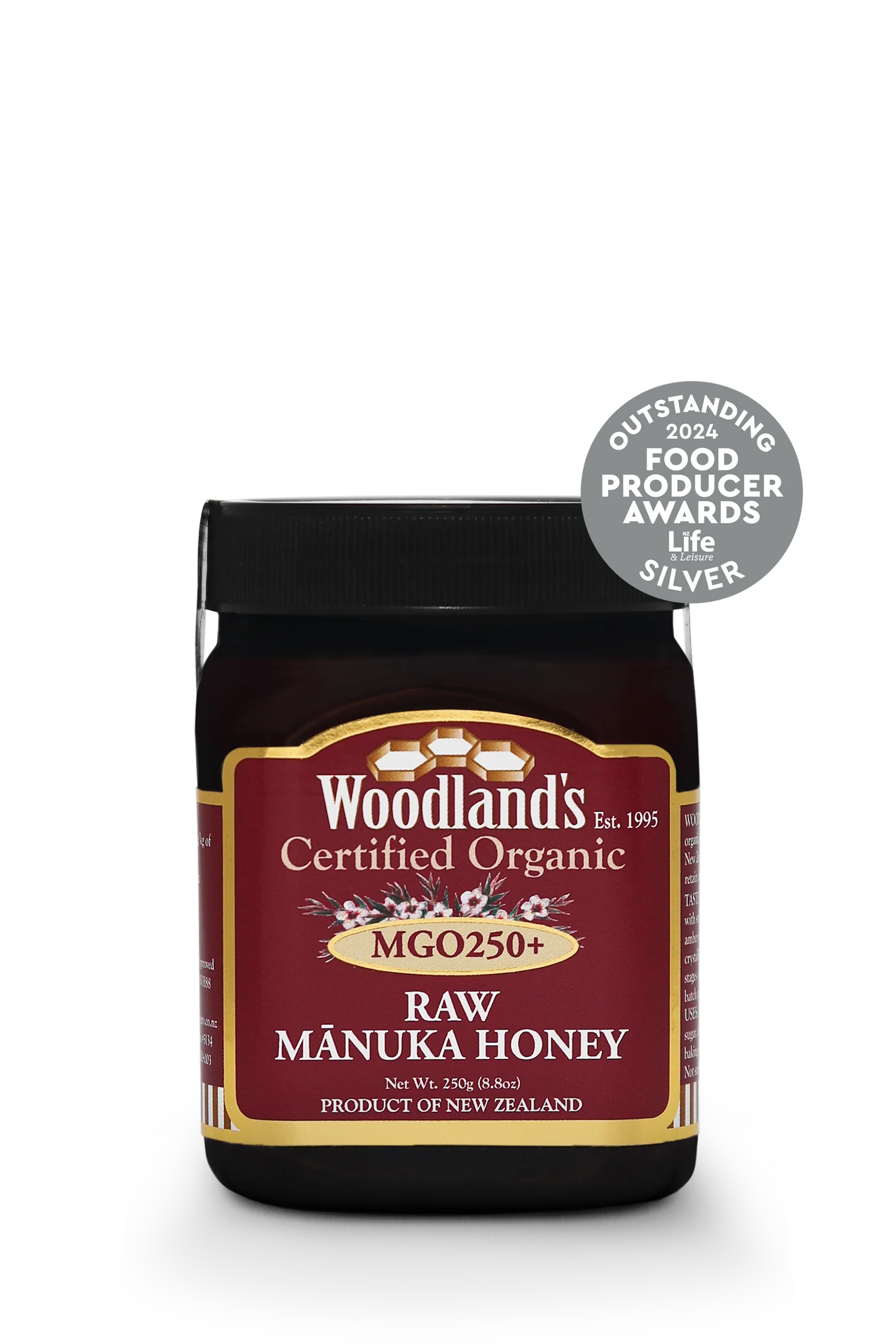  عسل مانوكا العضوي الخام من وودلاند، تركيز MGO250+ 250جم - Woodland's Mānuka Honey MGO250 + Organic Raw 250g 