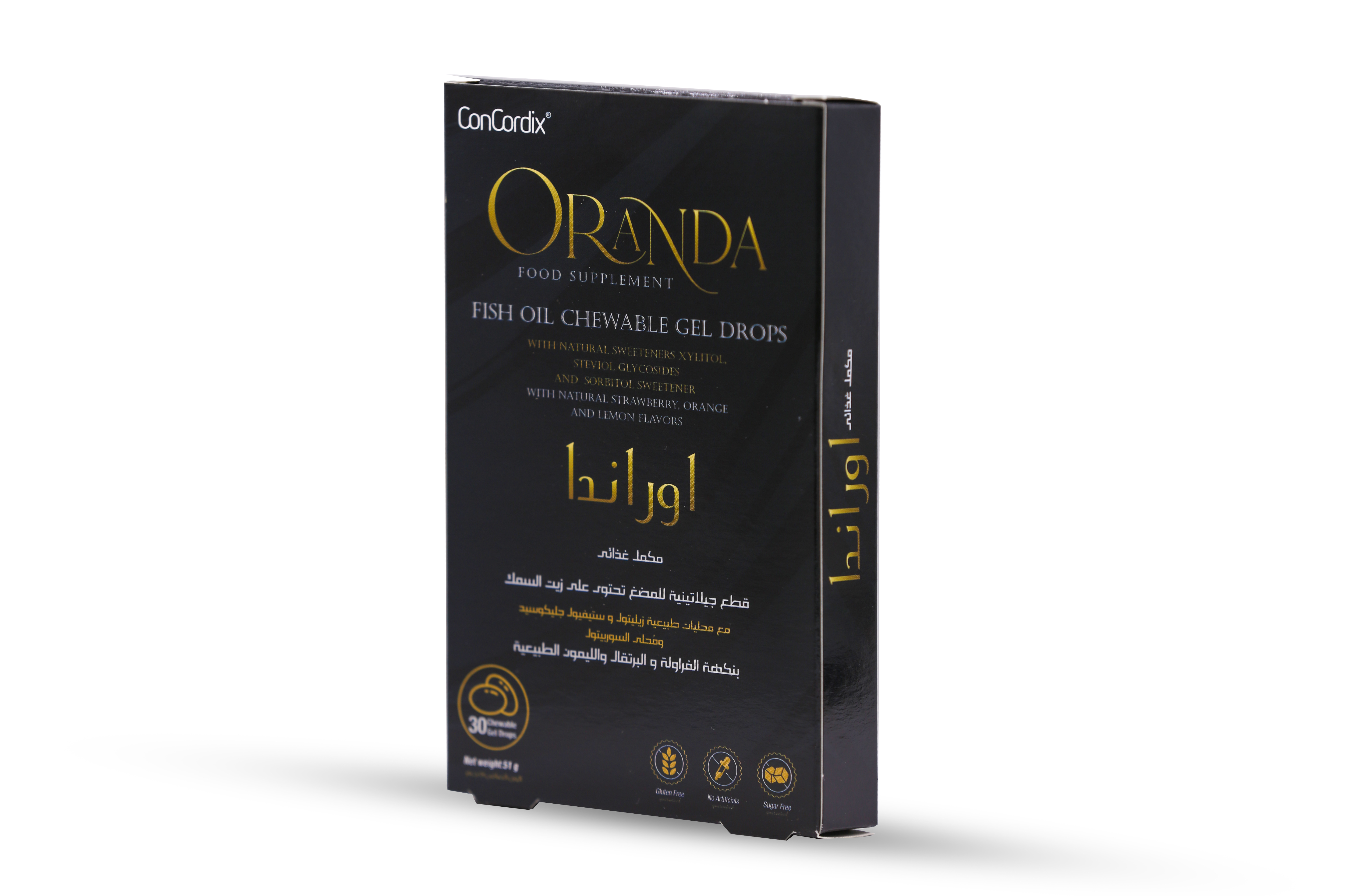  أوراندا زيت السمك 640 مجم نكهة البرتقال و الليمون و الفراولة 30 قطعة - Oranda Fish Oil 640mg Orange Lemone and Strawberry Flavor  30 Gummies 