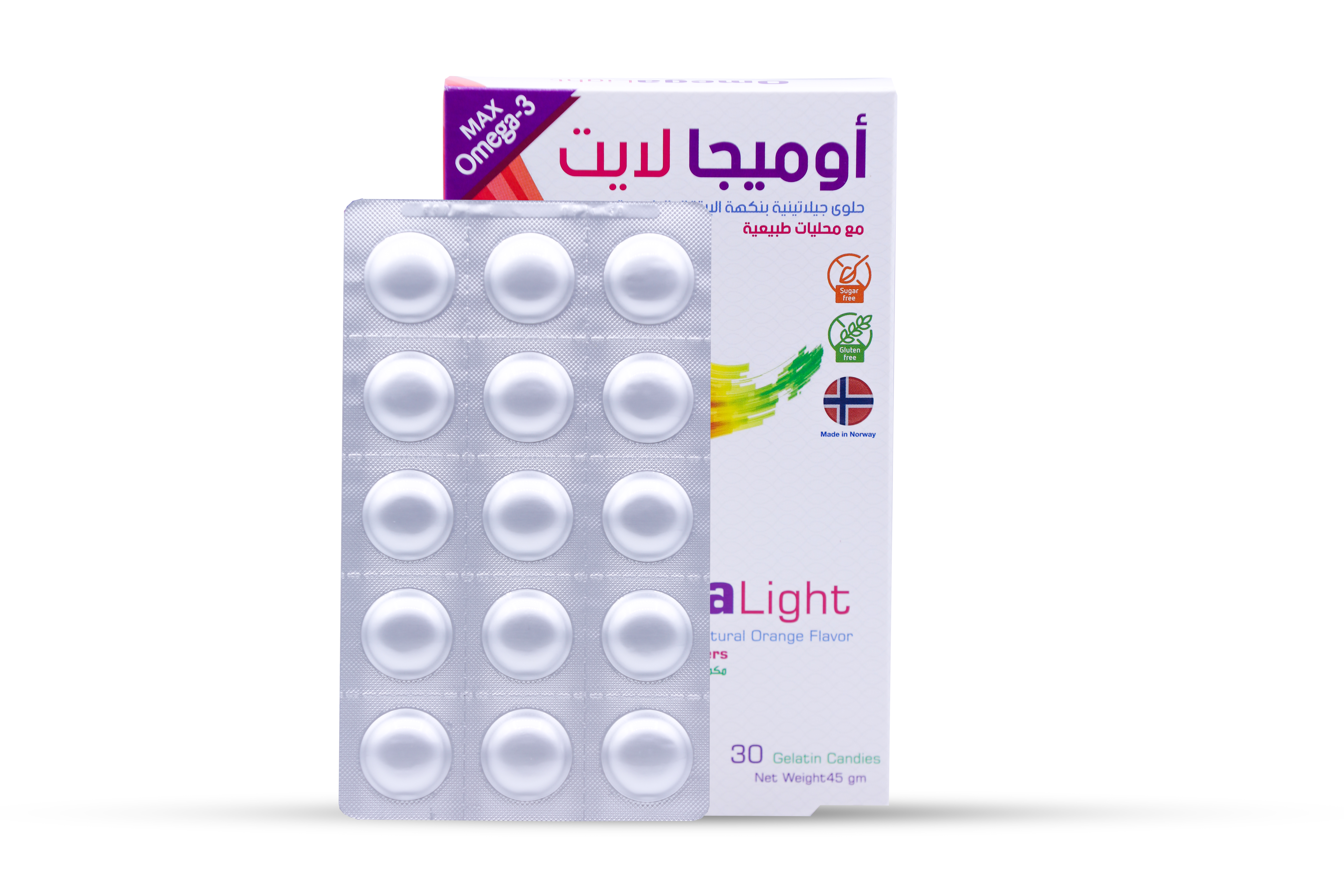  أوميغا لايت أوميغا 3 زيت السمك 0.6 جم نكهة البرتقال 30 قطعة - Omega Light Omega 3 with Fish Oil 0.6g Orange Flavor 30 Gummies 