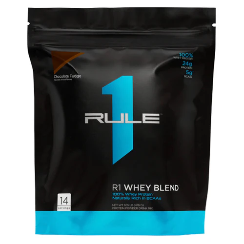  آر 1 واي بلند 14 حصة بنكهة شوكولاتة فج 1 رطل- RULE 1 Whey Blend 14 serv Chocolate Fudge (1LB) 