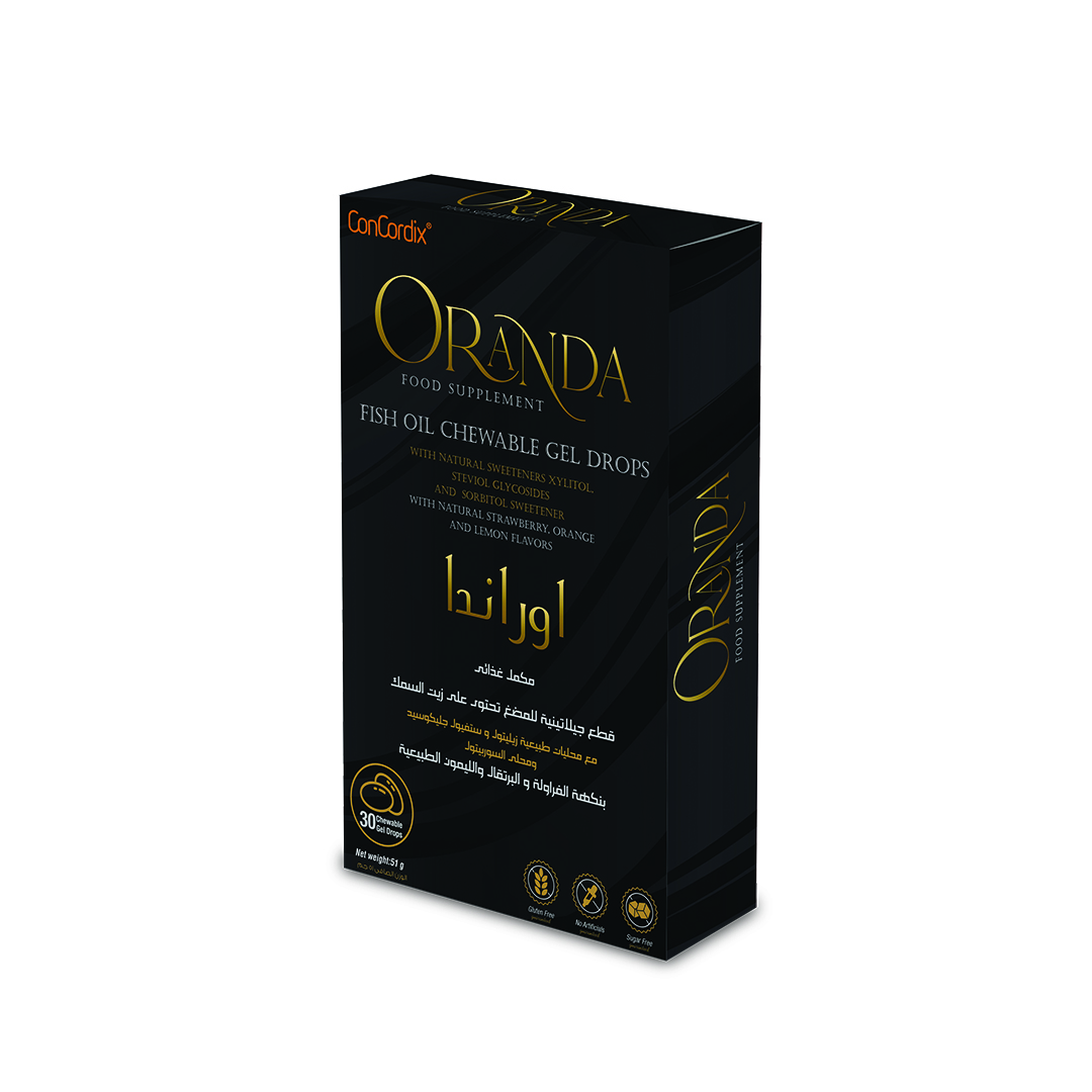  أوراندا زيت السمك 640 مجم نكهة البرتقال و الليمون و الفراولة 30 قطعة - Oranda Fish Oil 640mg Orange Lemone and Strawberry Flavor  30 Gummies 