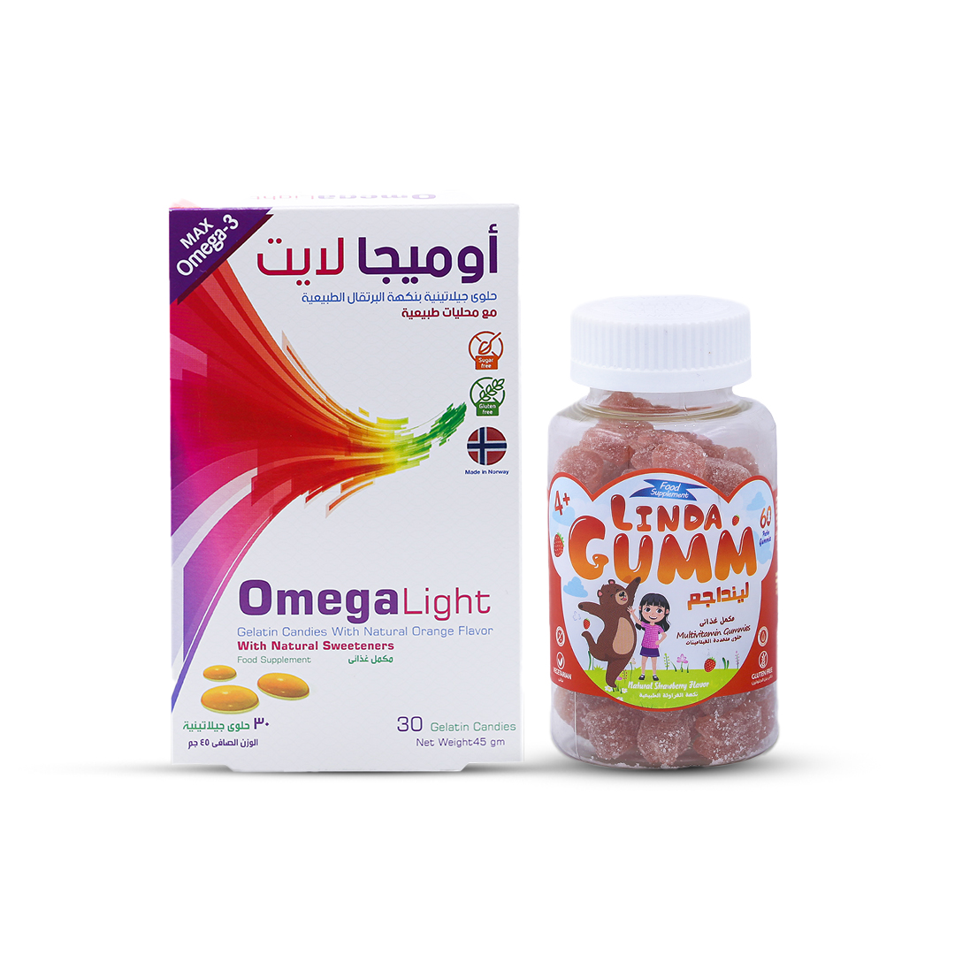  بكج أوميغا ستار ( ليندا جم فيتامينات متعددة - أوميجا لايت)  Omega Star Package (Lindagum Multivitamin - Omega Light​) 