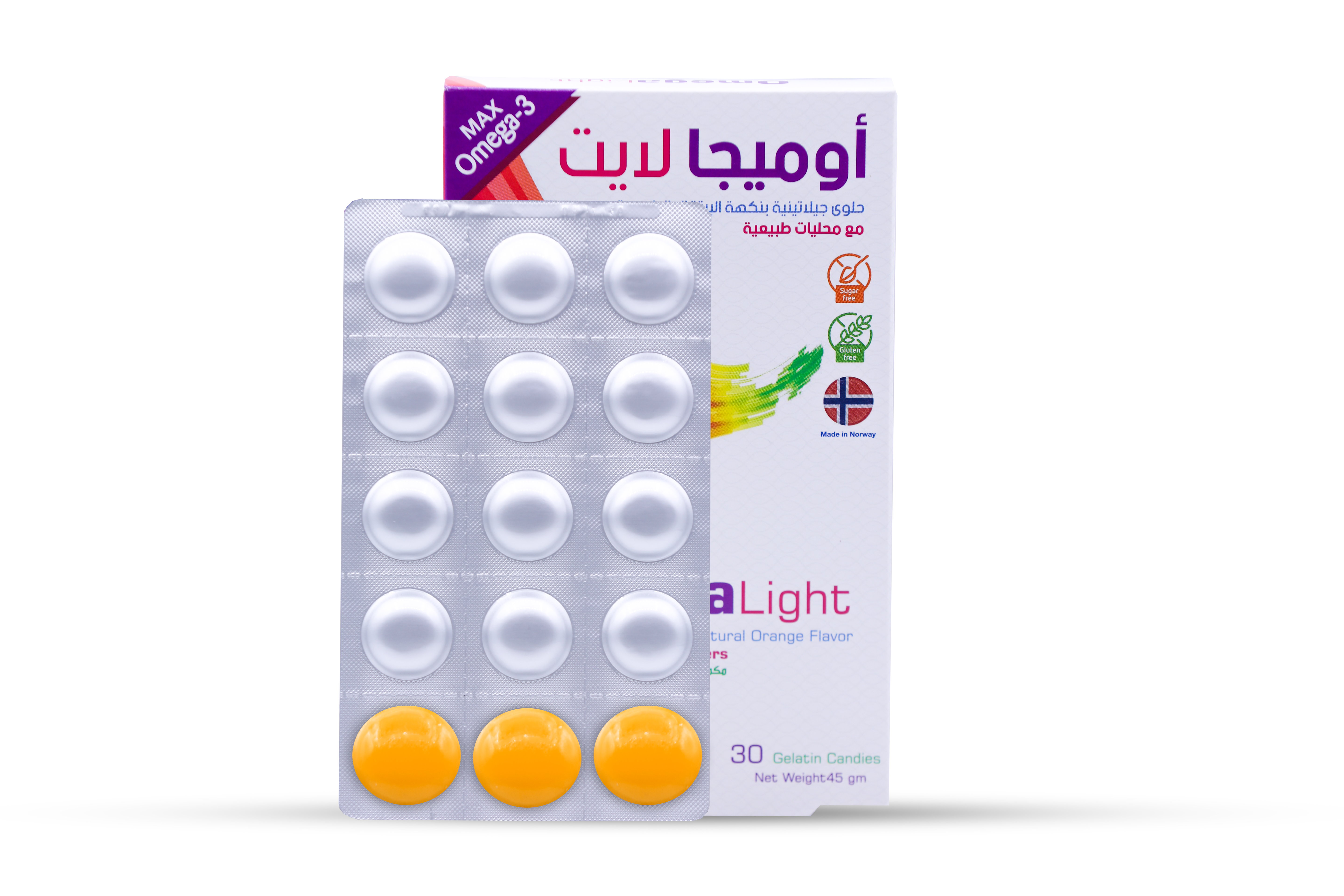  أوميغا لايت أوميغا 3 زيت السمك 0.6 جم نكهة البرتقال 30 قطعة - Omega Light Omega 3 with Fish Oil 0.6g Orange Flavor 30 Gummies 
