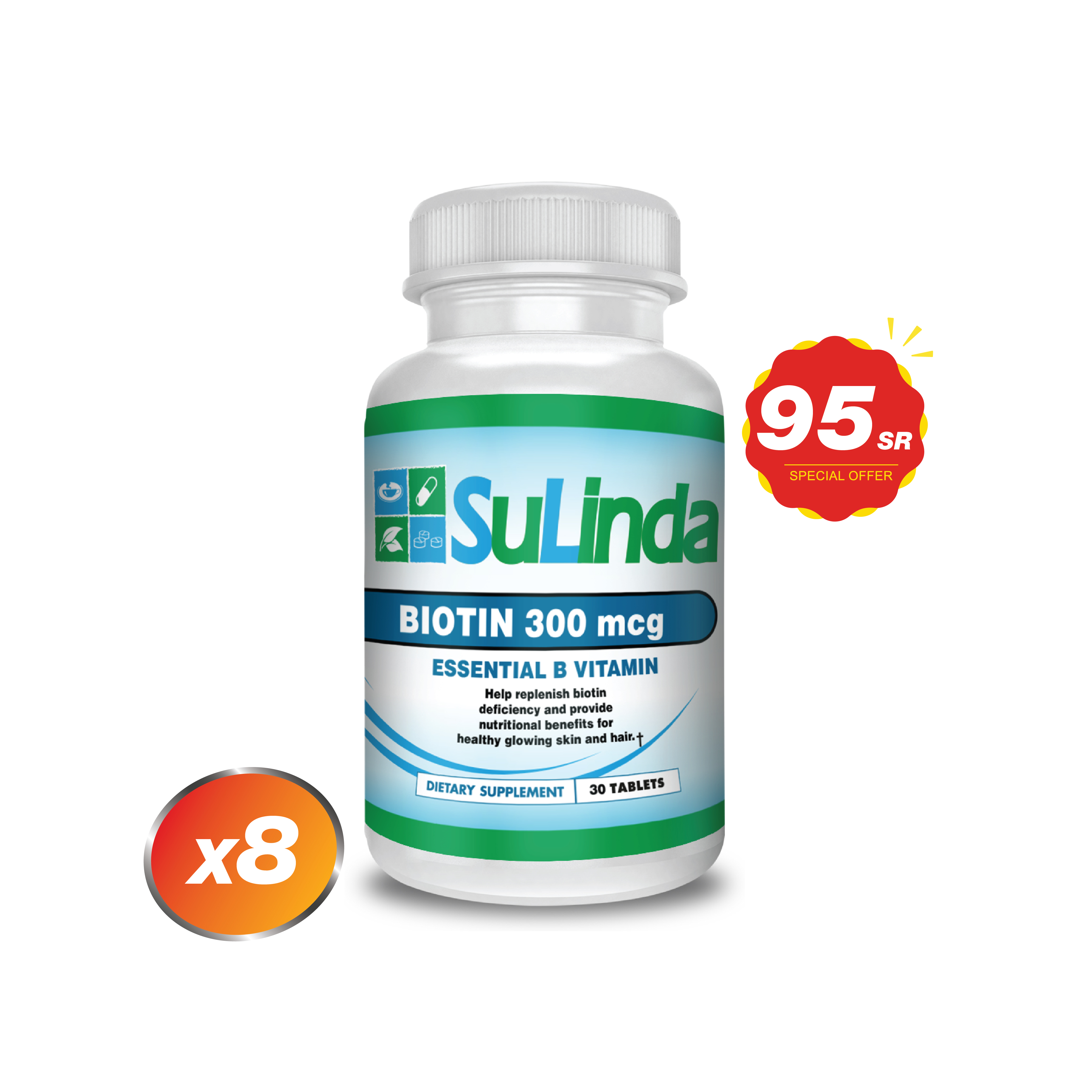  Pack of 8 -  SuLinda Biotin 300mcg – 60 Capsules - Supports Healthy Hair, Skin & Nails 